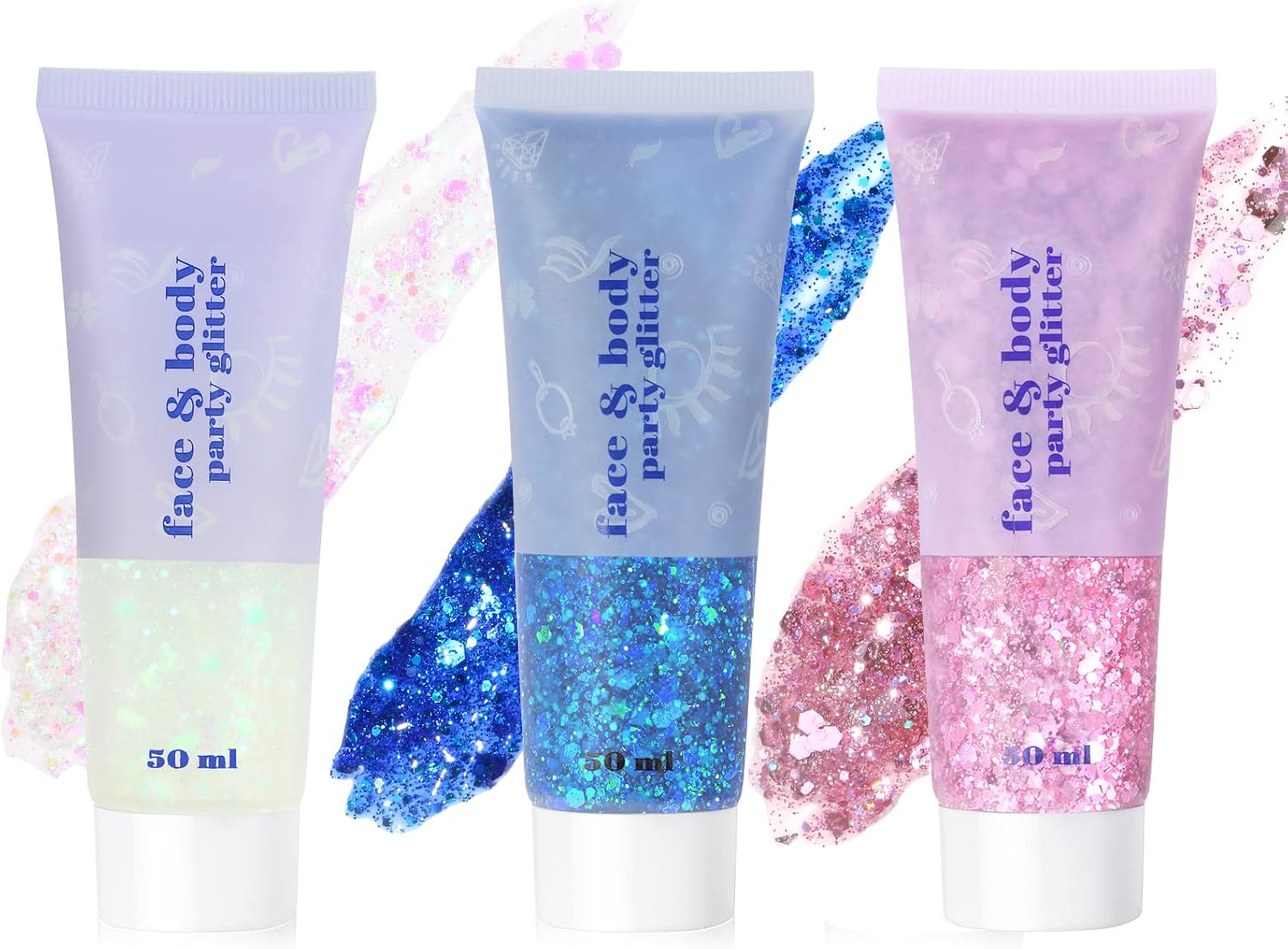 Detalle de URAQT 3 pezzi Glitter Corpo, 50 ml – Gel glitterato Bianco, Blu e Rosa per viso, unghie, occhi, labbra, capelli e corpo