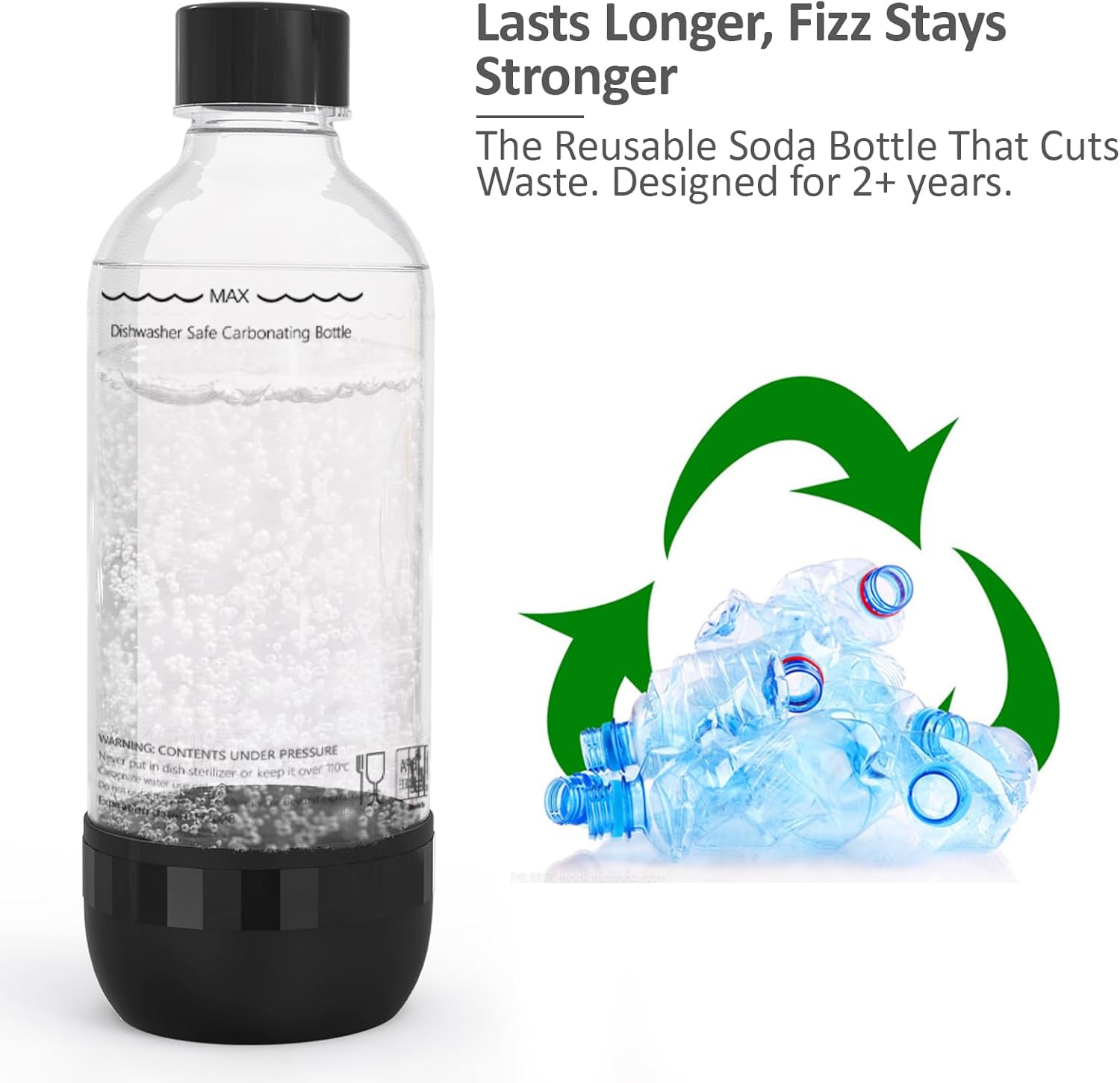 Thumbnail 3 de SunnyOcean lot de 2 bouteilles à soda réutilisables 1 L, PET sans BPA (noir) pour machine à soda