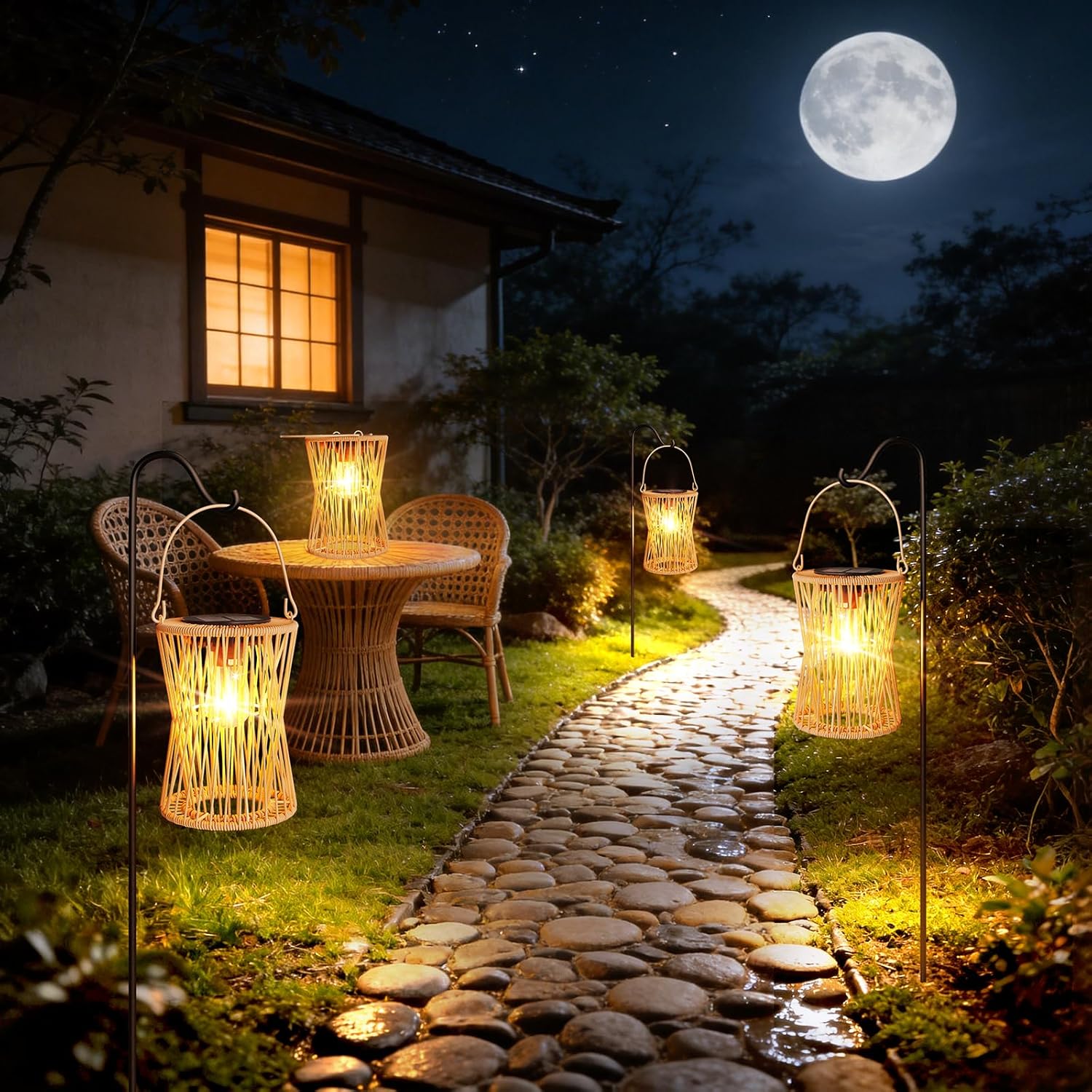 Thumbnail 6 de AOUNQ Solar Lights Outdoor Garden Ornaments – 2 Pack Vintage Rattan Hanging Solar Lanterns (Auto On/Off, IP65)