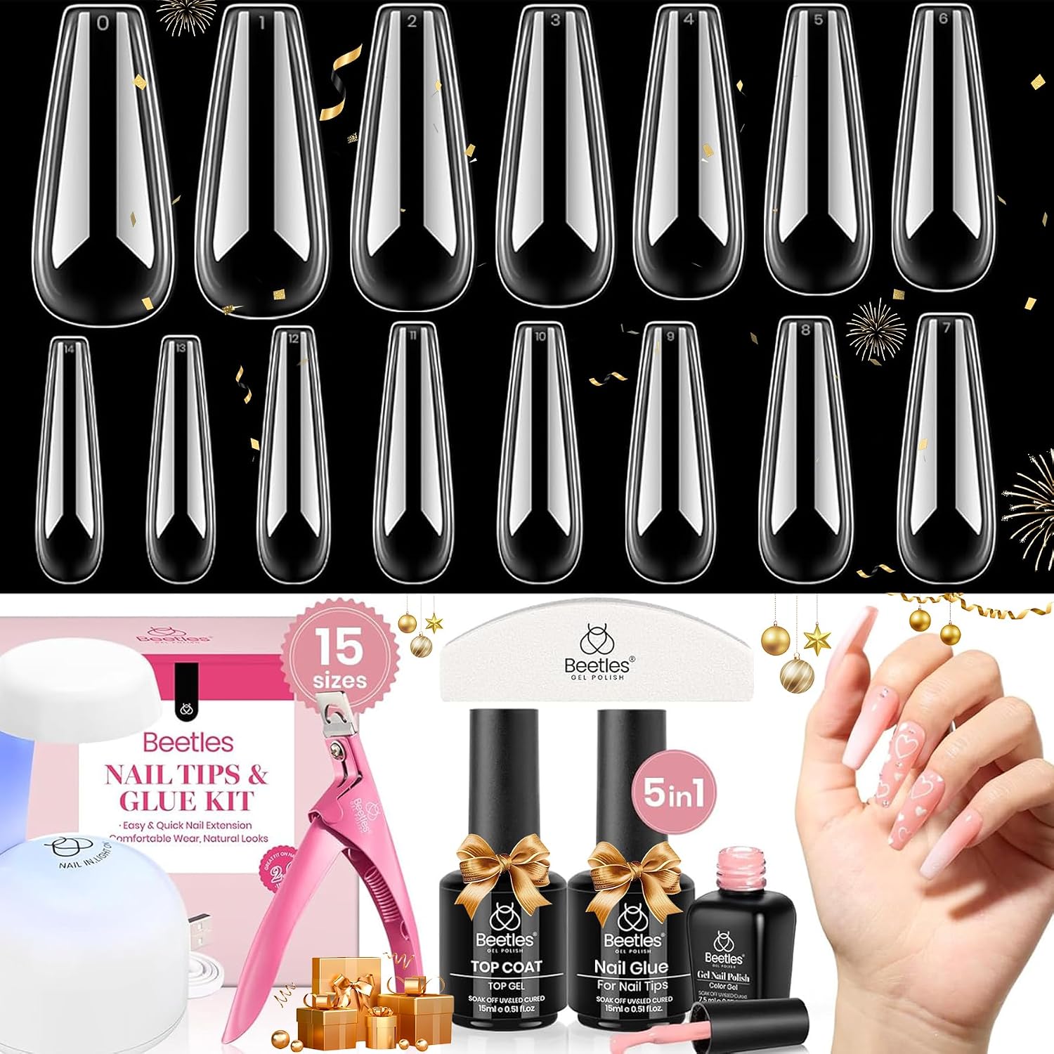 Detalle de Beetles Gel-Nagel-Set: 600 lange Sargnagelspitzen, 5-in-1-Gelkleber, Rosa Gel, Decklack und Lampe