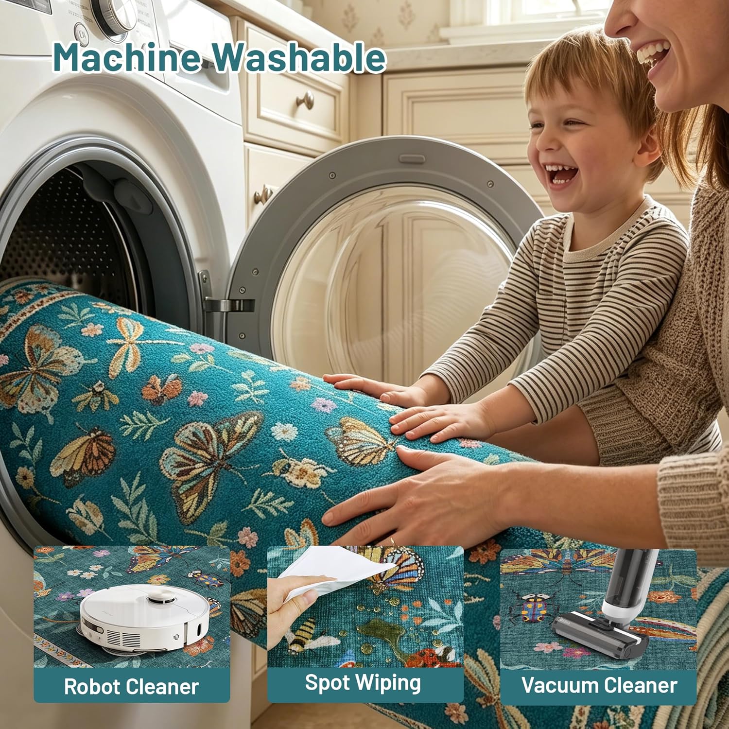 Thumbnail 6 de AIMPEAK Teal Insect Area Rug, 5' x 7', Washable Low-Pile Polyester