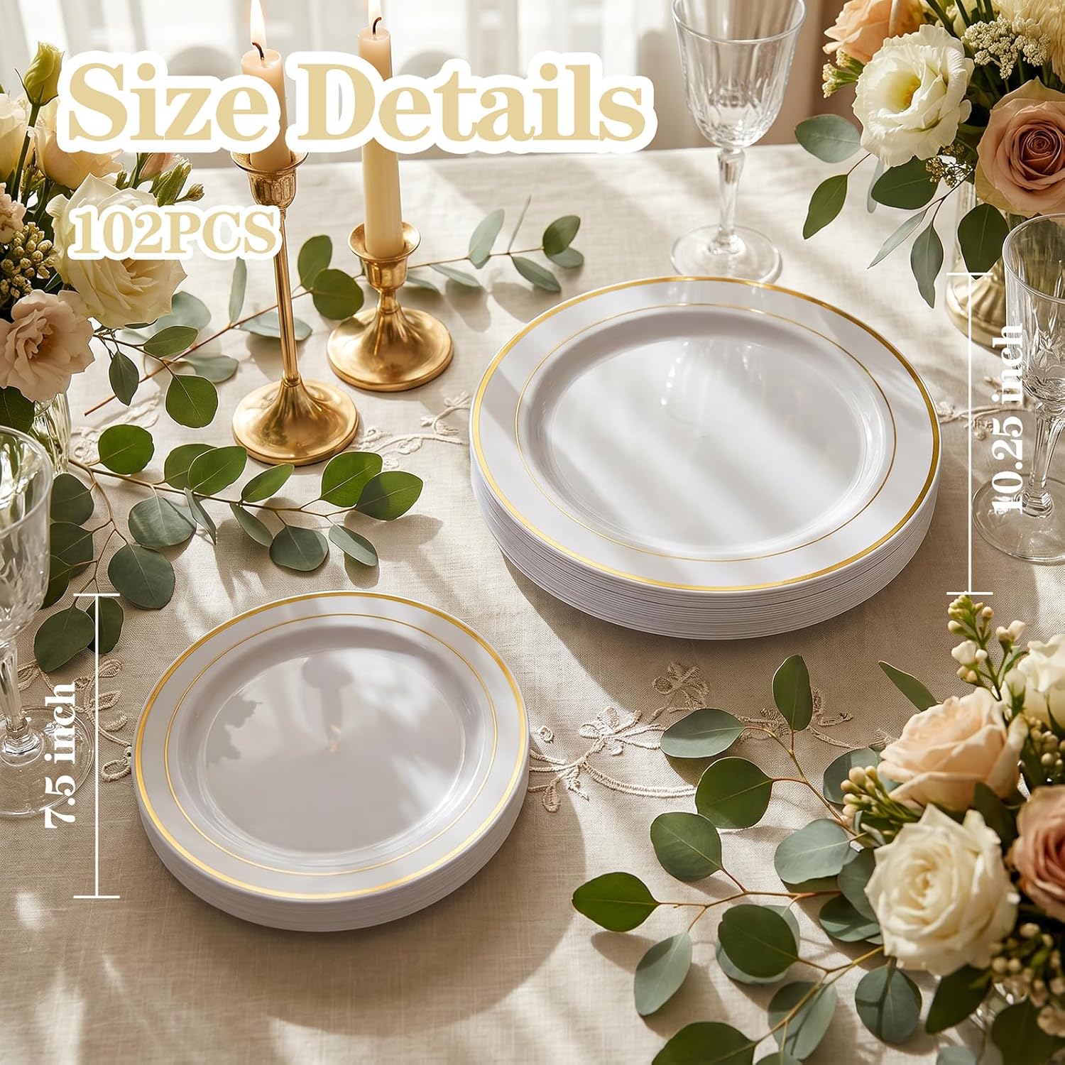 Detalle 2 de I00000 Gold Plastic Plates 102 pcs 🍽