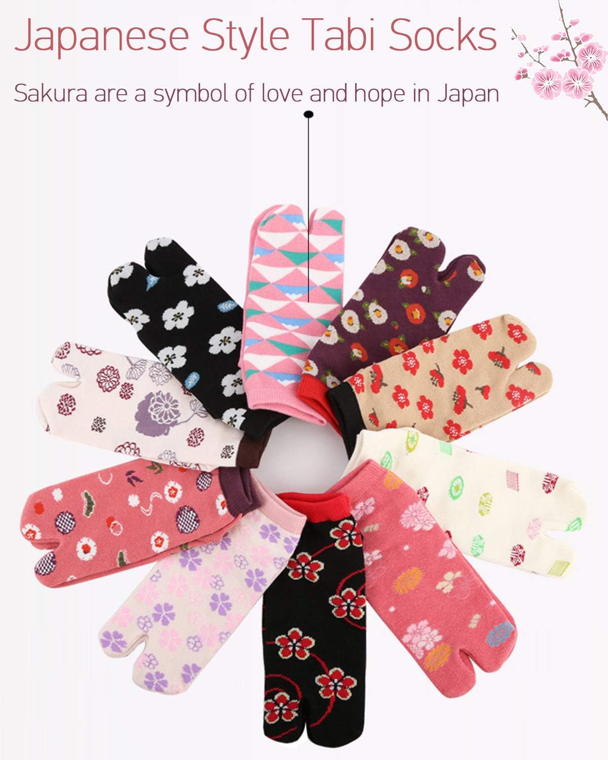 Detalle de Chaussettes japonaises Tabi femme en coton – Sakura motif, 4 paires (taille 35-41)