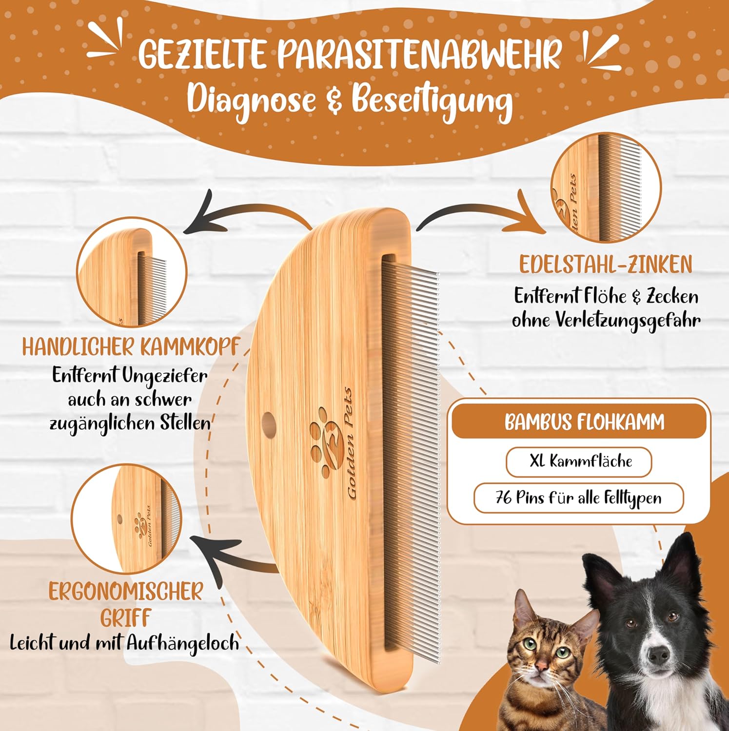 Detalle de Golden Pets Bambus Flohkamm – Läuse-, Floh- und Nissenkamm aus Edelstahl für Hund & Katze