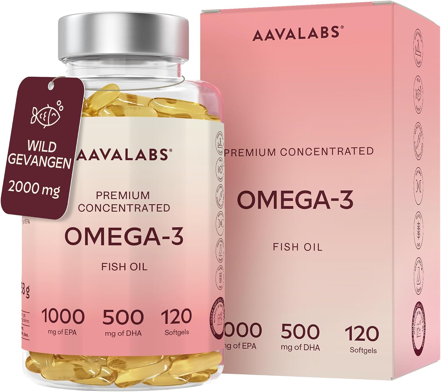 Detalle de AAVALABS Omega 3-visolie, 2.000 mg, 1.000 mg EPA en 500 mg DHA, 120 softgels