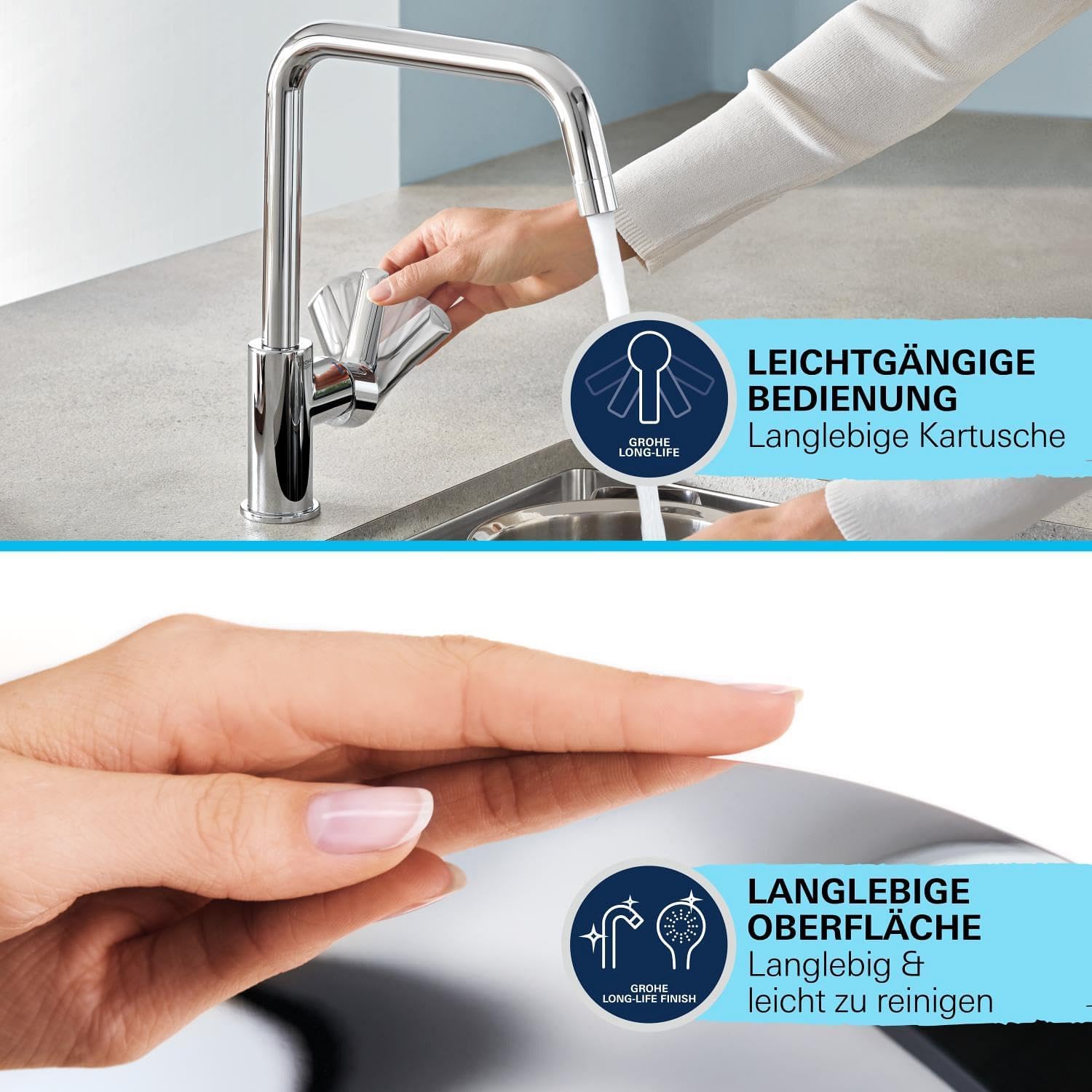 Detalle de GROHE Start Flow Küchenarmatur 31555001 mit hohem Auslauf und 360° Schwenkbereich (chrom)