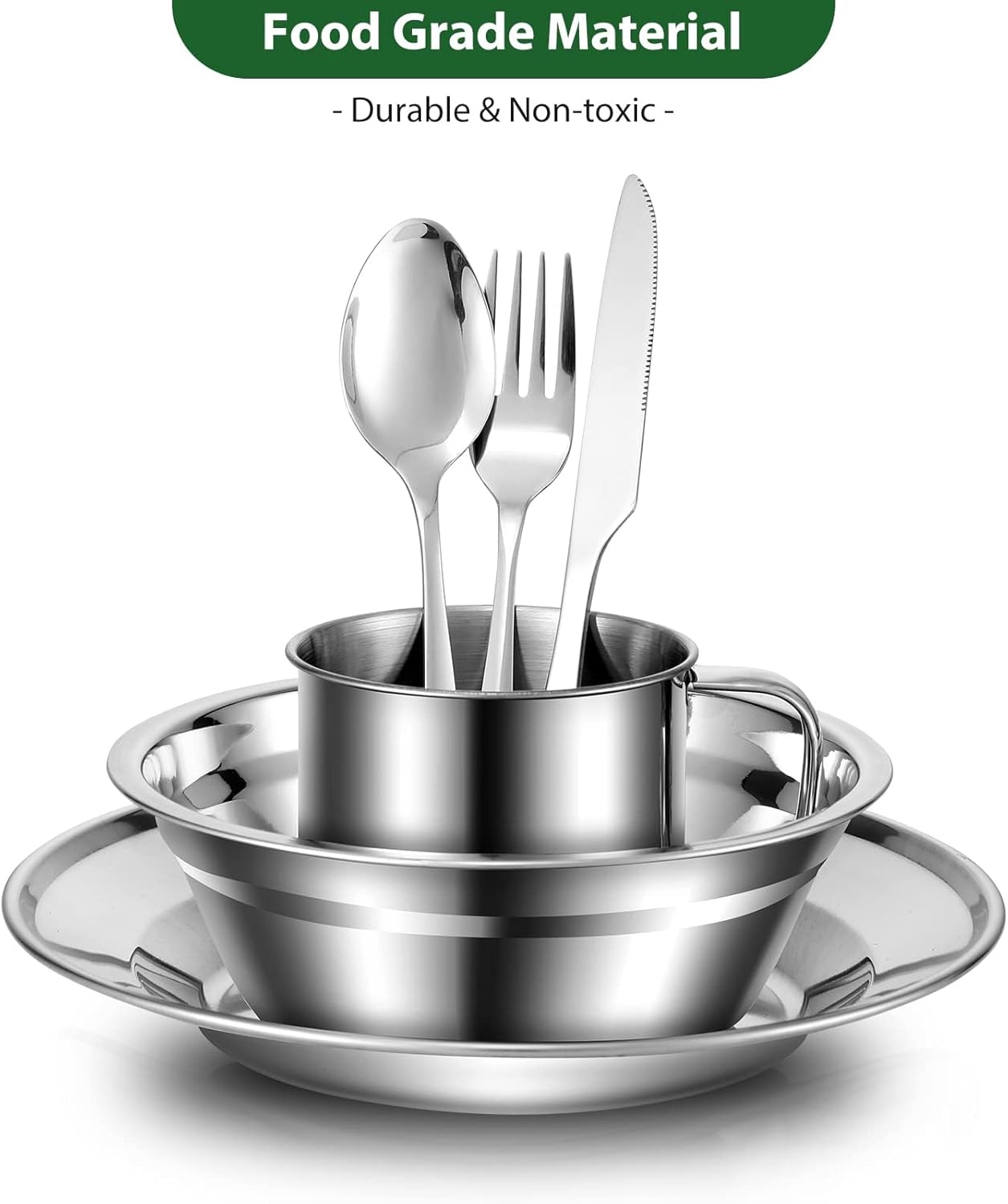 Detalle de Odoland set stoviglie da campeggio per 4 persone in acciaio inox (29 pezzi) con borsa in rete