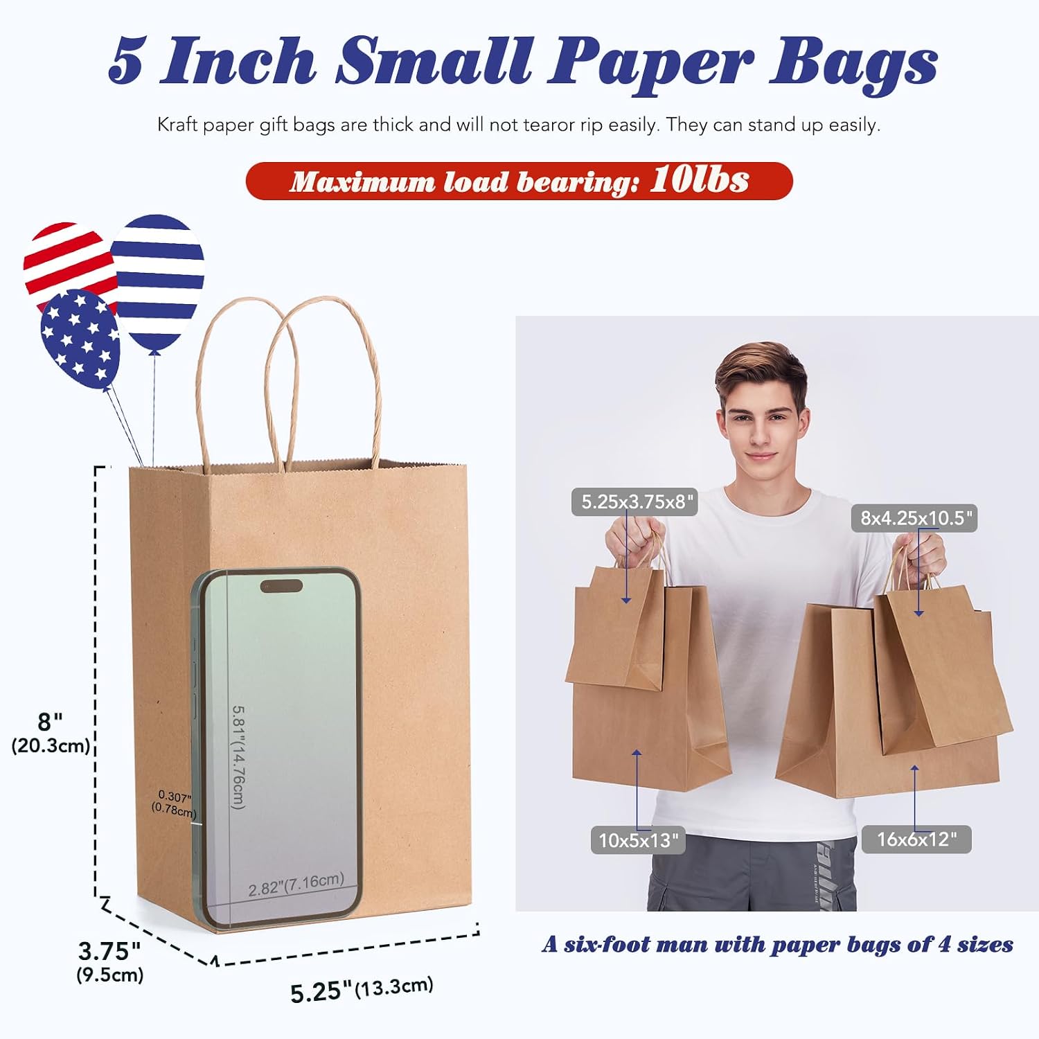 Thumbnail 1 de GSSUSA 100 Pack Small Brown Paper Gift Bags with Handles (5.25 x 3.75 x 8 in) — Made in USA