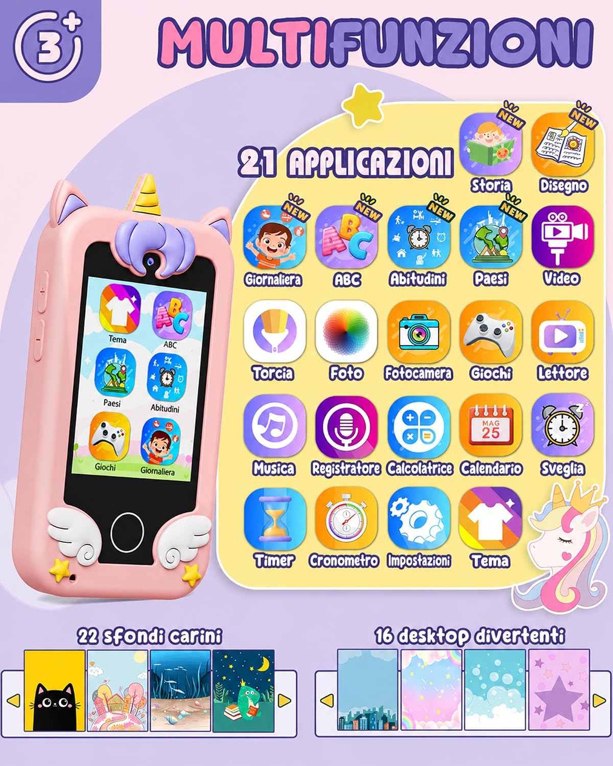 Detalle de UCIDCI Smartphone Giocattolo per Bambini – Tavolozza educativa con doppia fotocamera e modalità scuola