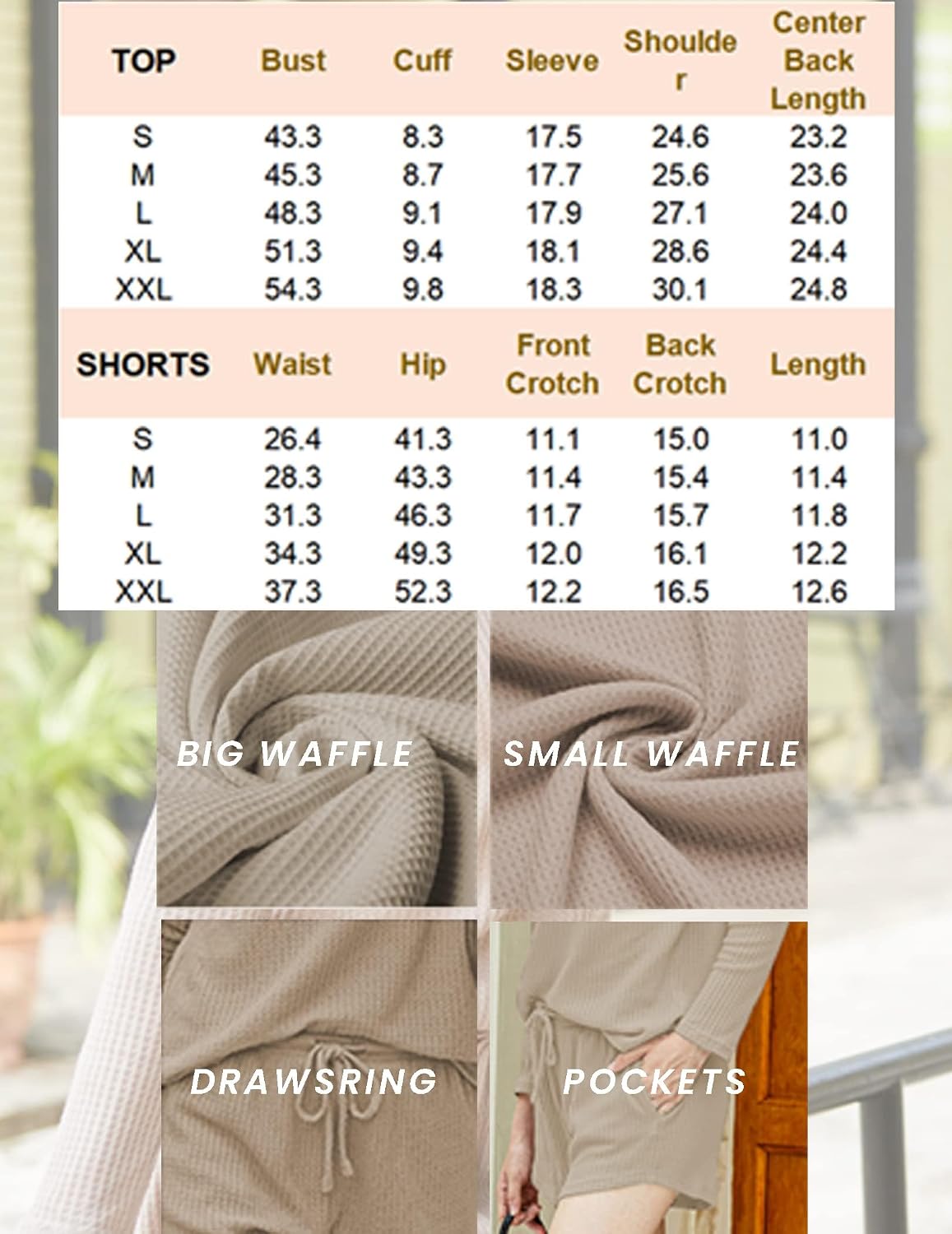 Detalle de Ekouaer Ensemble Pyjama Femme à Manches Longues Gaufre — Haut + Bas avec Poches (2 pièces) - S à XXL