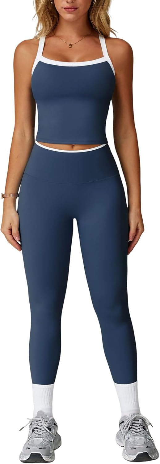 Detalle de QBGJTD Women's Two-Piece Cross Back Workout Set: High-Wlex High-Waist Leggings