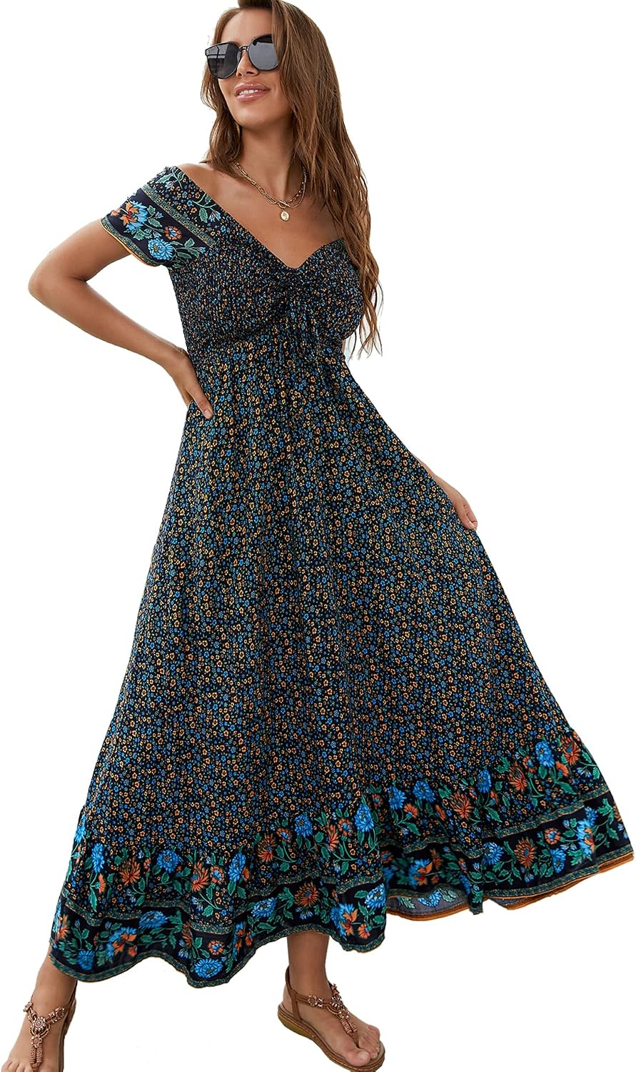Detalle de Summer Floral Smocked Maxi Dress for Women (2026) – Rayon Boho Tiered A-Line Beach & Party Dress
