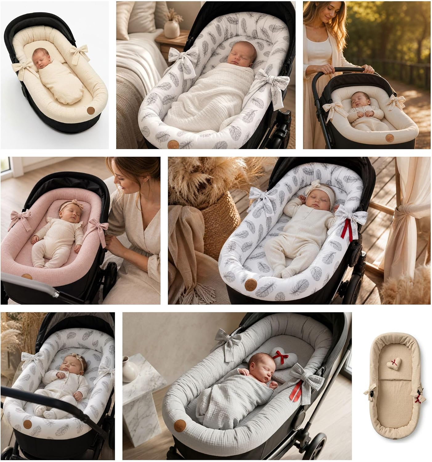 Detalle 2 de Set 3 pezzi per passeggino in mussola neonato – inserto navicella rosa (coprimaterasso, cuscino e inserto 72x32 cm)