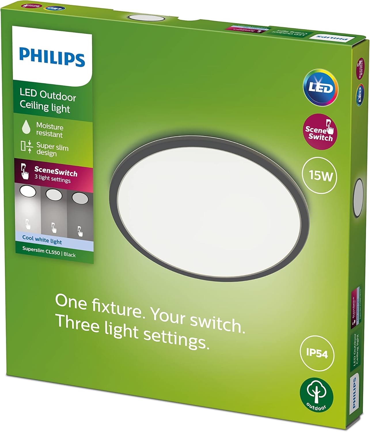 Detalle de Philips SuperSlim: Plafón de techo LED exterior negro 🌟