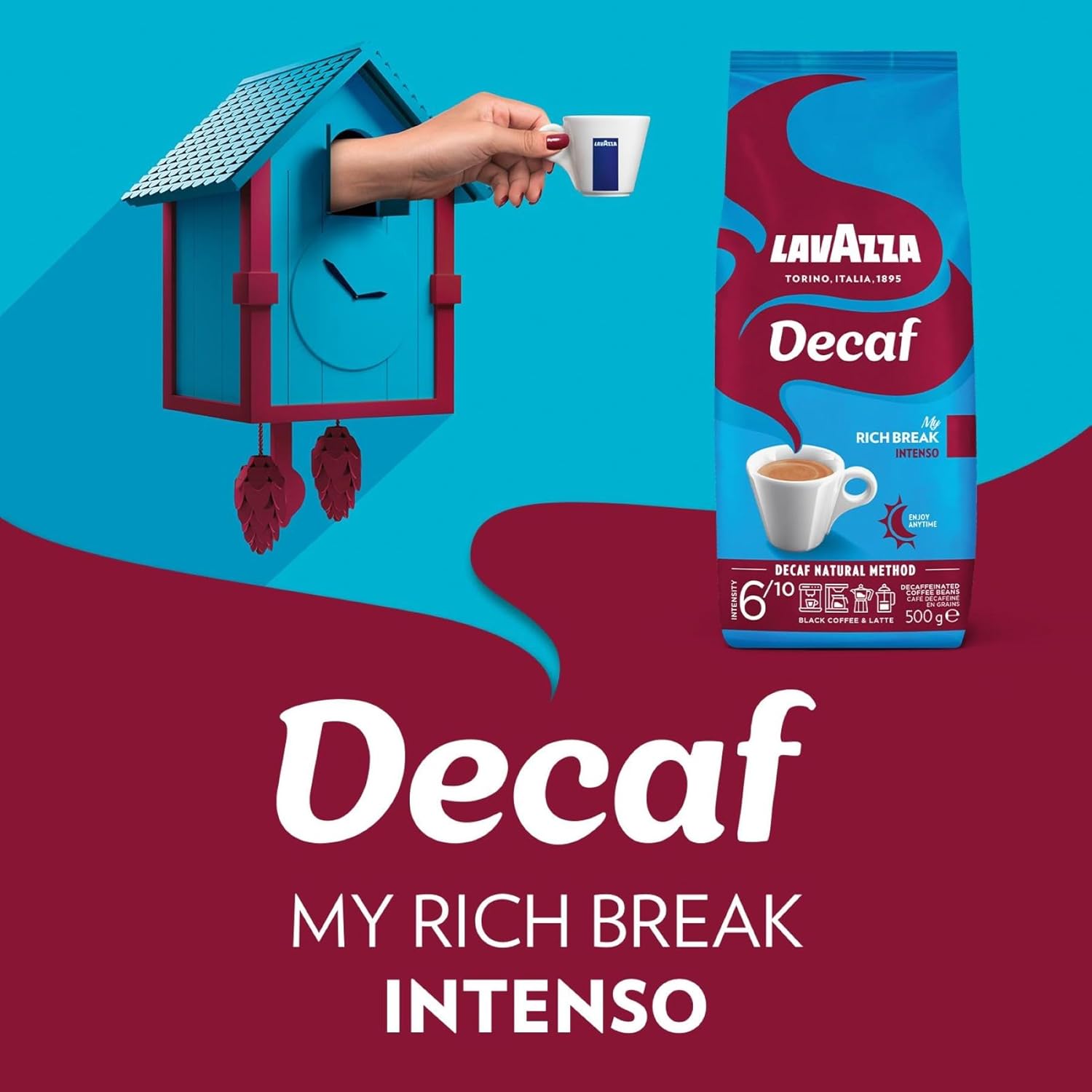 Detalle de Lavazza Decaf „My Rich Break“ Intenso (Entkoffeinierte Bohnen) – für Cappuccino, Intensität 6/10, 500 g