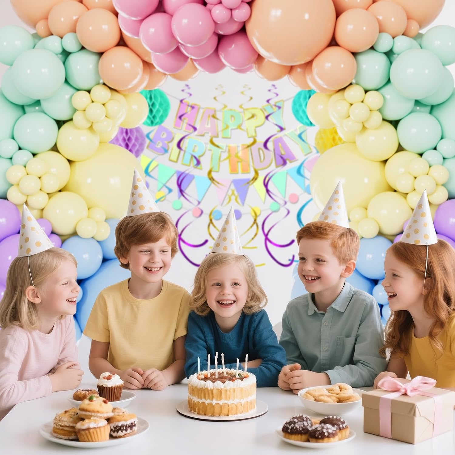 Detalle 2 de Rainbow Pastel Balloons Arch Garland Kit (Latex, Assorted Sizes) — 114-Piece Party Decoration Set