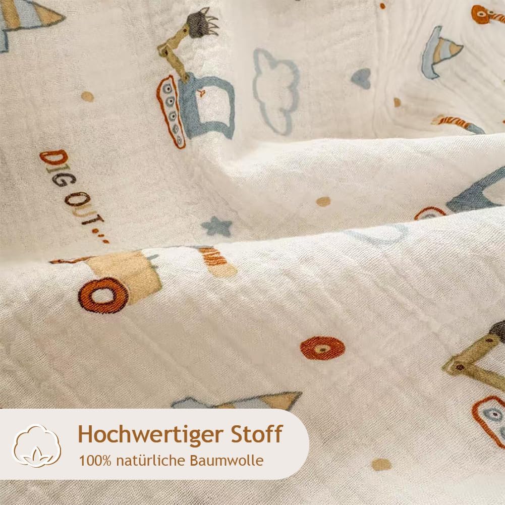 Detalle de AShanlan Kinderbettwäsche 100x135 aus Baumwolle Musselin (Bagger Motiv) inkl. Kissenbezug 40x60 + Reißverschluss, Oeko-TEX 100