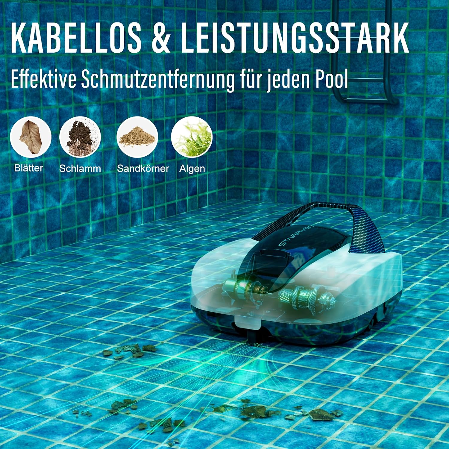Detalle de STARRYBOT Akku Poolroboter – kabelloser Reinigungshelfer für Aufstellpools bis 84 m²