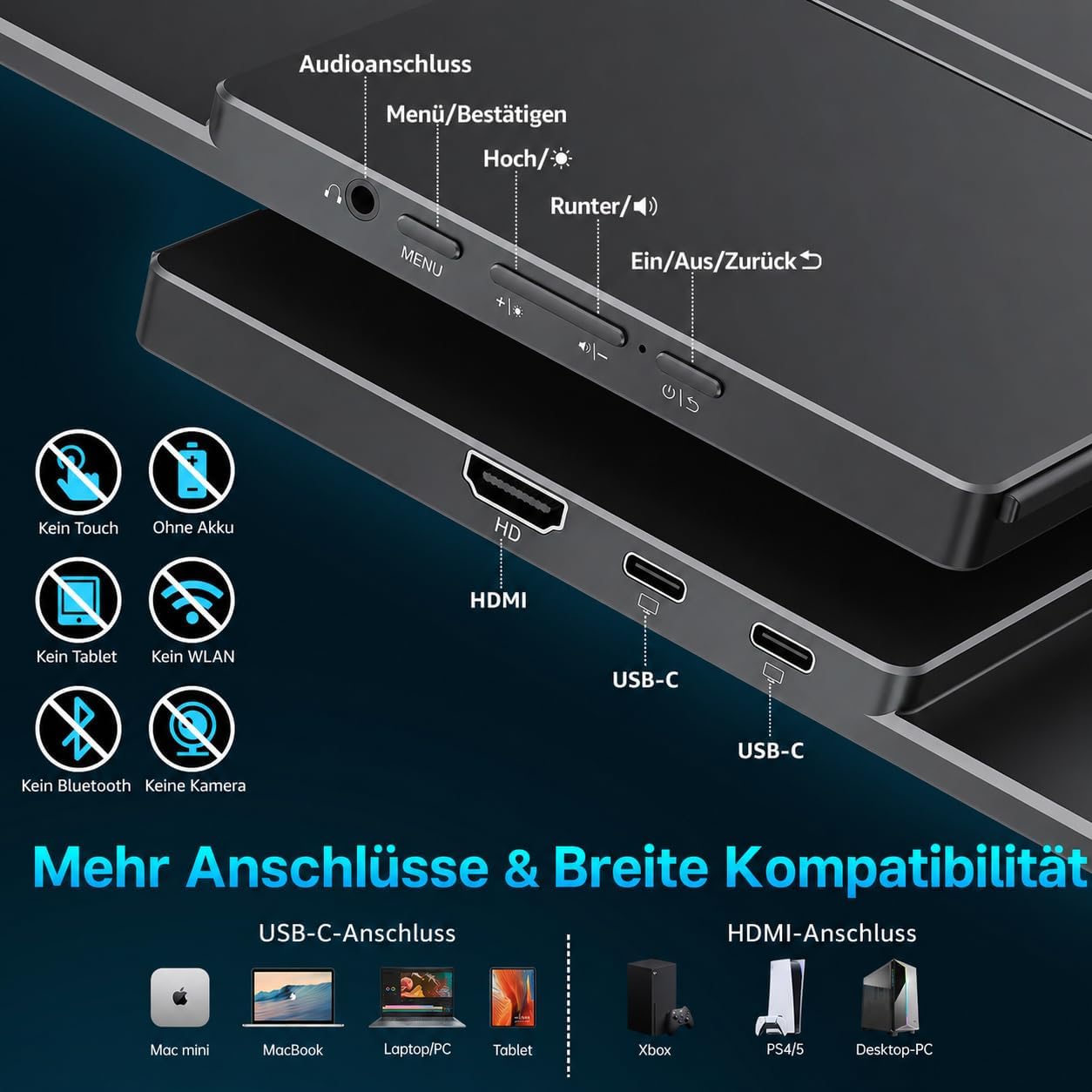 Detalle 2 de Cocopar Portable Monitor 16 Zoll 2.5K QHD – flexibler externer Bildschirm mit VESA, USB-C & Lautsprechern