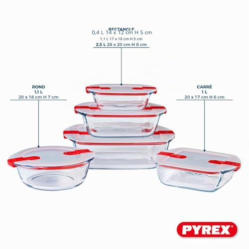 Detalle de Pyrex Cook & Heat – Lot de 5 Boîtes en Verre Borosilicate, Couvercles Hermétiques avec Valve vapeur, Made in France