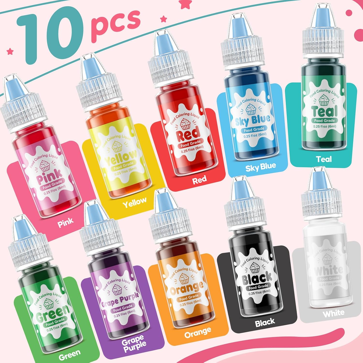 Detalle de Food Coloring Set, 10 Water-Based Colors with Dropper Tips