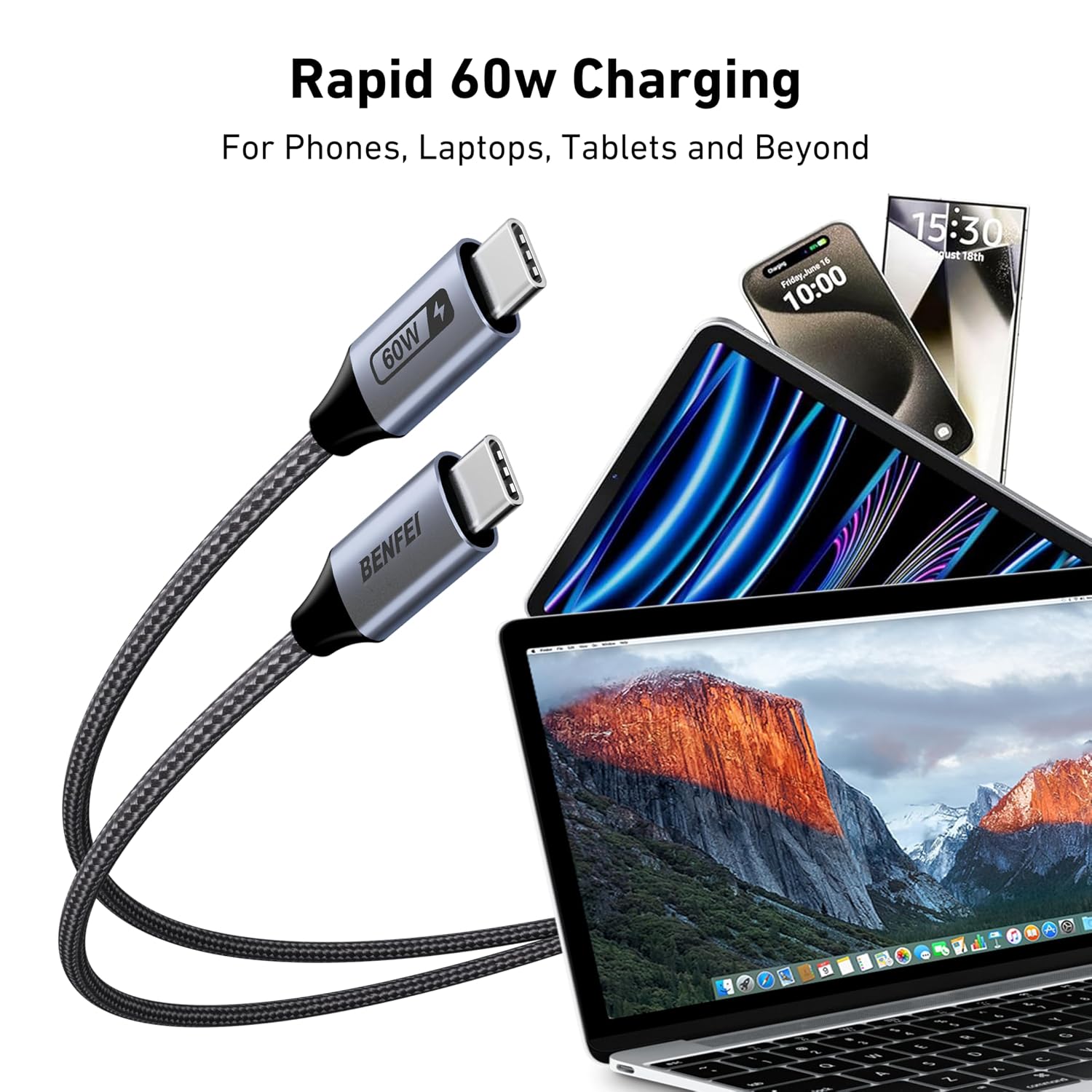 Thumbnail 1 de BENFEI USB C Fast Charging 60W Cable — 4-Pack (1m/1m/2m/2m) Nylon Braided