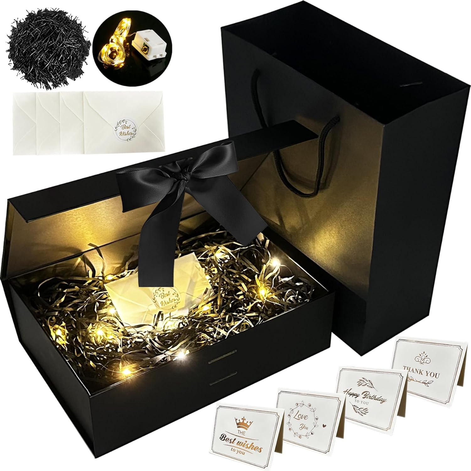 YeahBoom Deluxe-Geschenkbox mit Schleife – magnetisch, Kiste + Tasche + Licht, inkl. Karten & Band