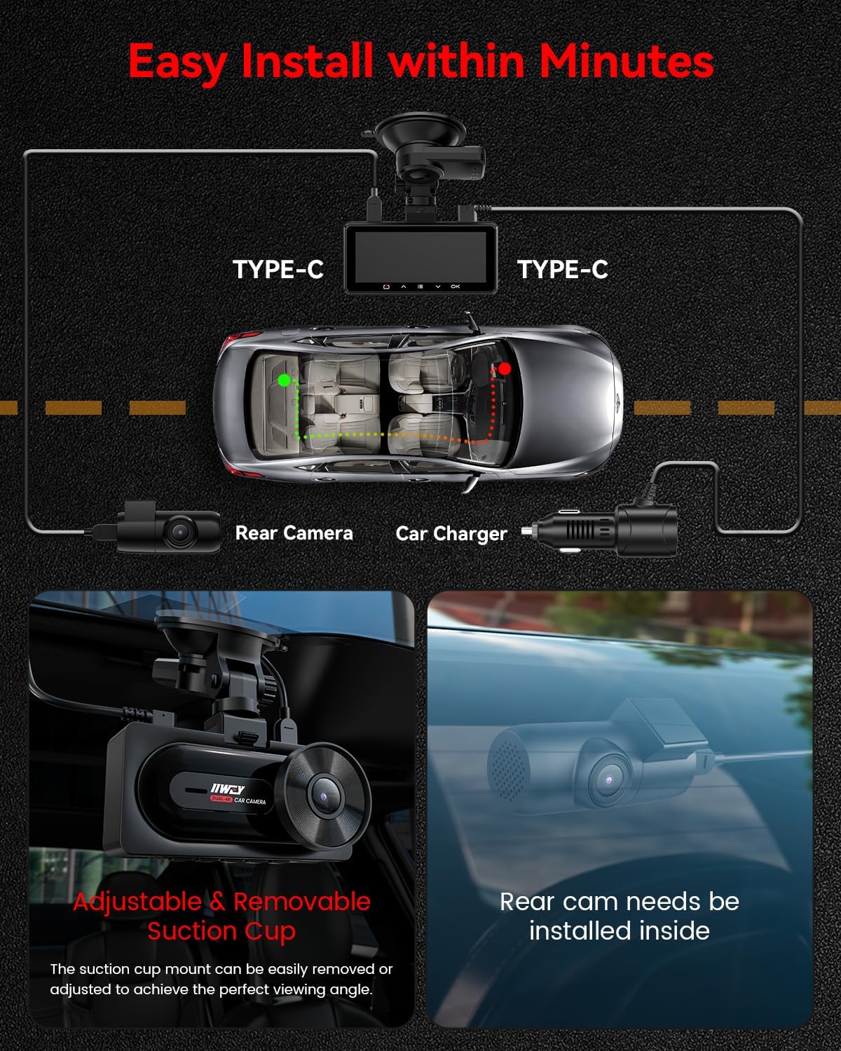 Thumbnail 6 de IIWEY 4K+4K Dash Cam with Dual STARVIS 128GB