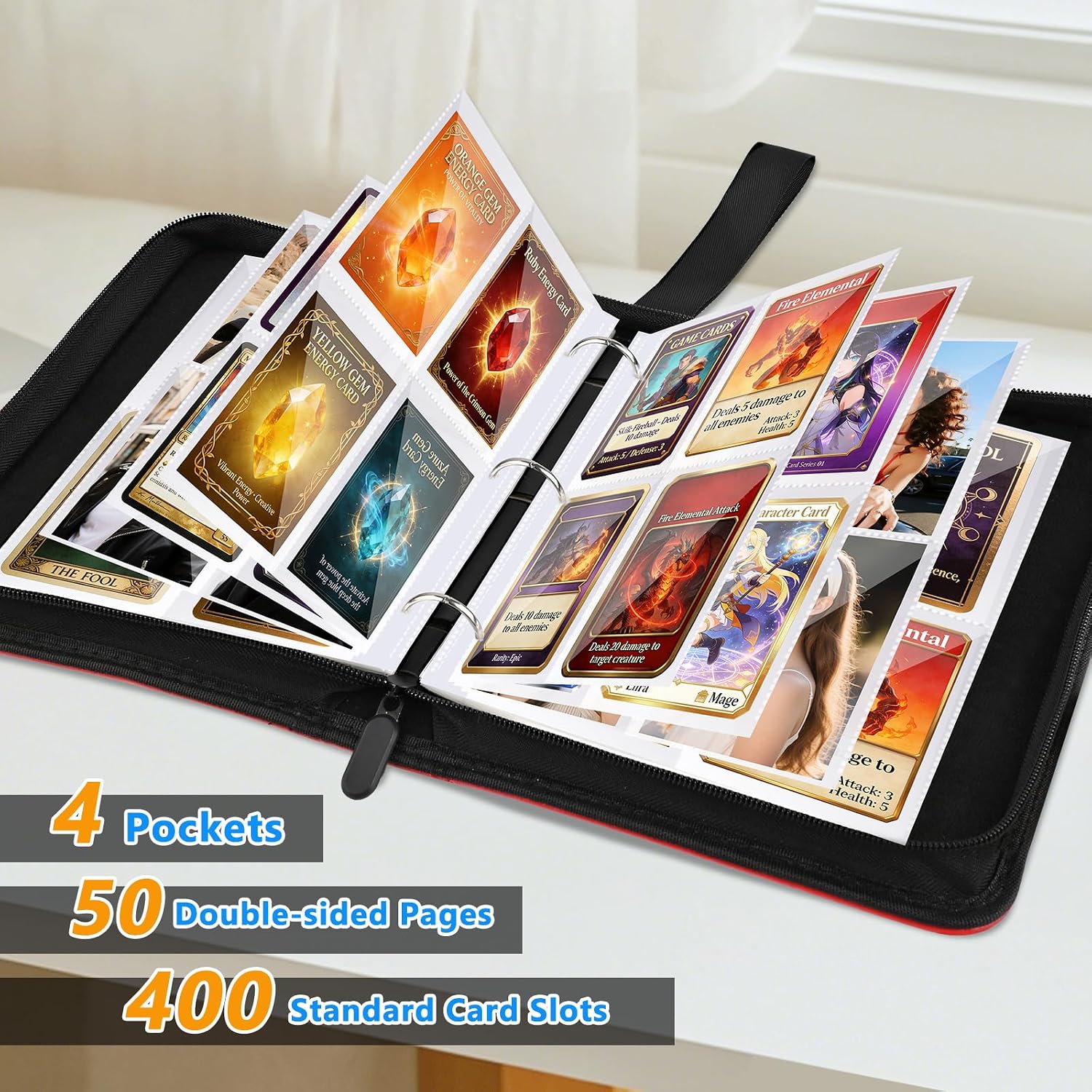 Thumbnail 1 de Trading Card Binder 400 Pockets - PU Leather Card Collection Folder with Zip and Wrist Strap