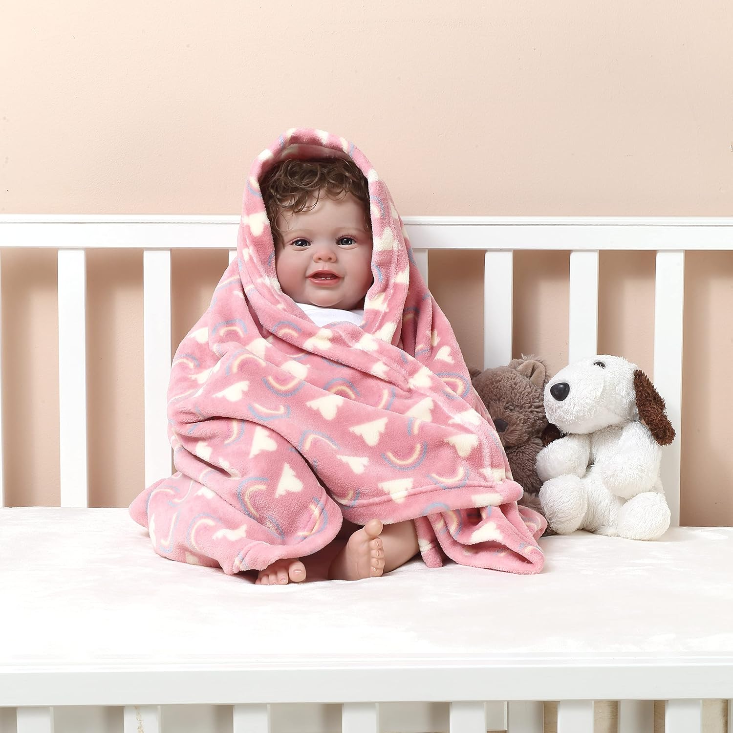 Thumbnail 3 de CREVENT 75cm x 100cm Cozy Fluffy Warm Fleece Baby Blanket (Coral Red Rainbow, White Cloud) for Unisex Infants