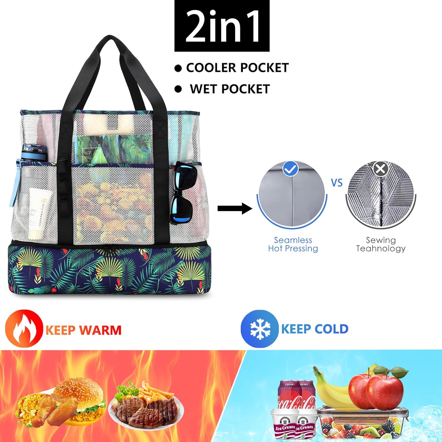 Thumbnail 5 de UYLIA Large Tote Mesh Beach Bag with Cooler – Robust, Foldable & Spacious (8 Pockets) for Beach, Pool and Travel