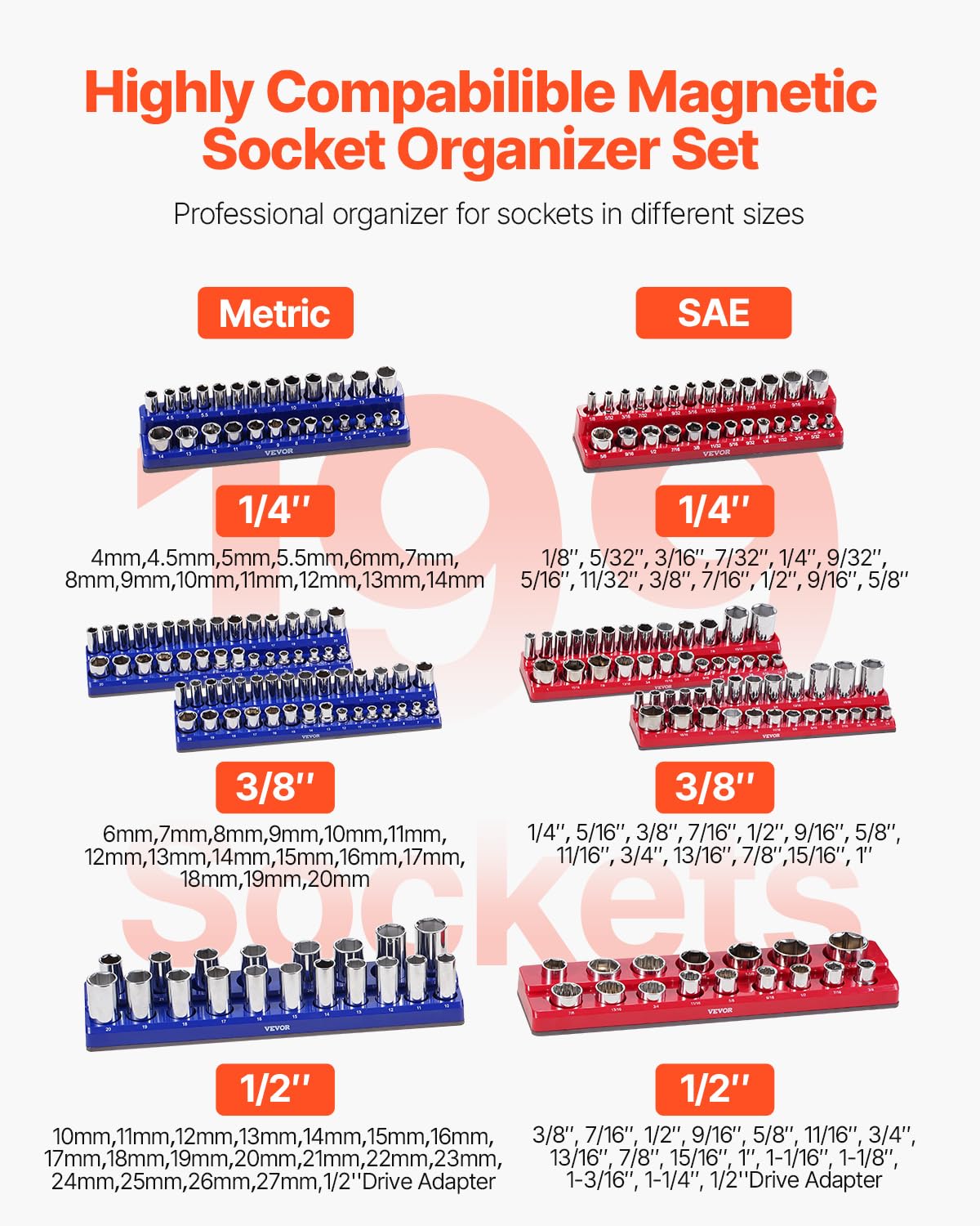 Thumbnail 1 de VEVOR Kit Organisateurs Douilles Magnétiques 8 Plateaux – 199 Emplacements, Bleu & Rouge