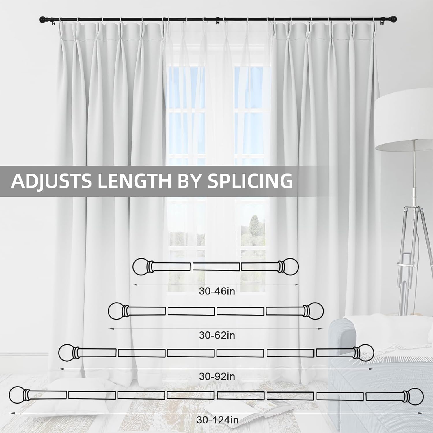 Thumbnail 4 de Thestoa Adjustable Curtain Rods (48 to 84-92 inch) in 5/8" Matte Black Stainless Steel