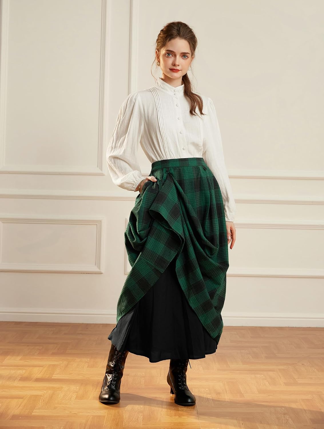 Detalle 2 de SCARLET DARKNESS Jupe médiévale femme à carreaux – longue, taille élastique, motif plaid et boutons (cosplay)