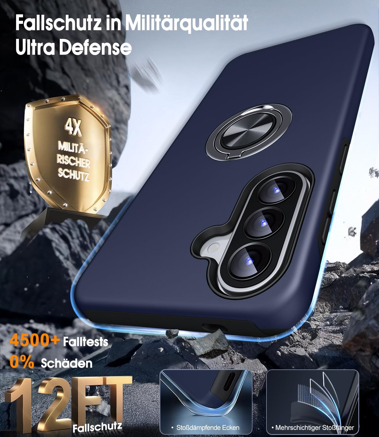Detalle de AOUIA Hülle für Samsung Galaxy A57 5G mit 2x Panzerglas – 360° Ring-Ständer, Militärschutz, Blau