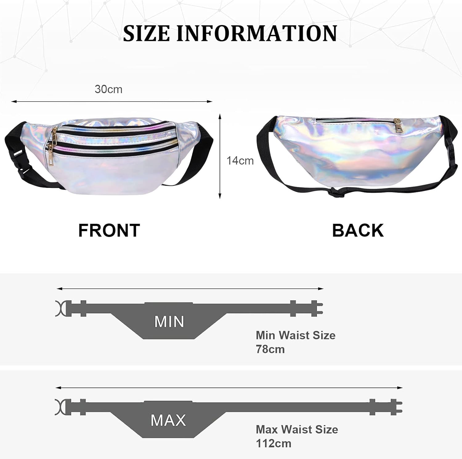 Detalle de flintronic® Sac banane holographique imperméable en cuir PU, multi-poches et ajustable