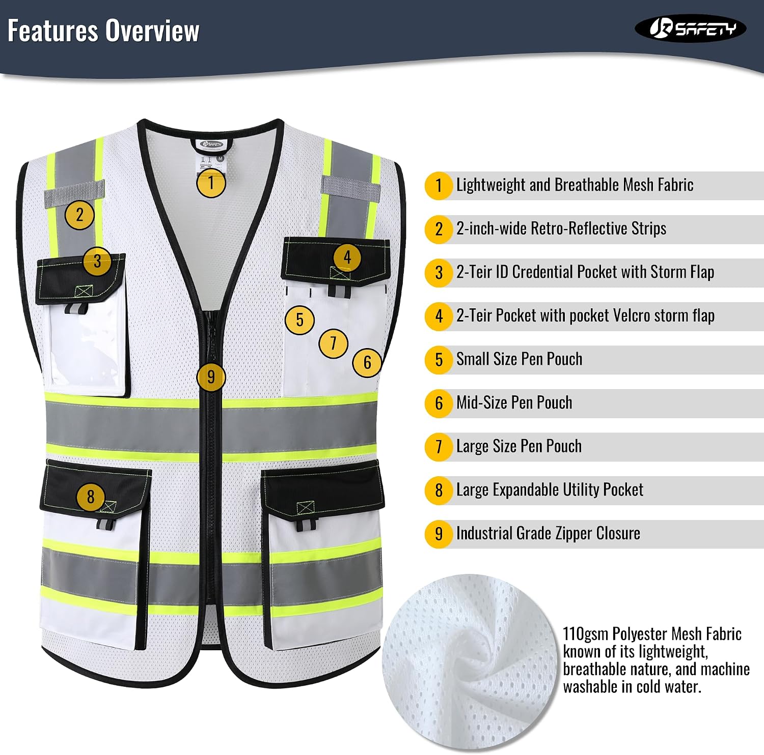 Detalle 2 de JKSafety JK220 Reflective Safety Vest, White, Large Mesh with 4 Reflective Strips