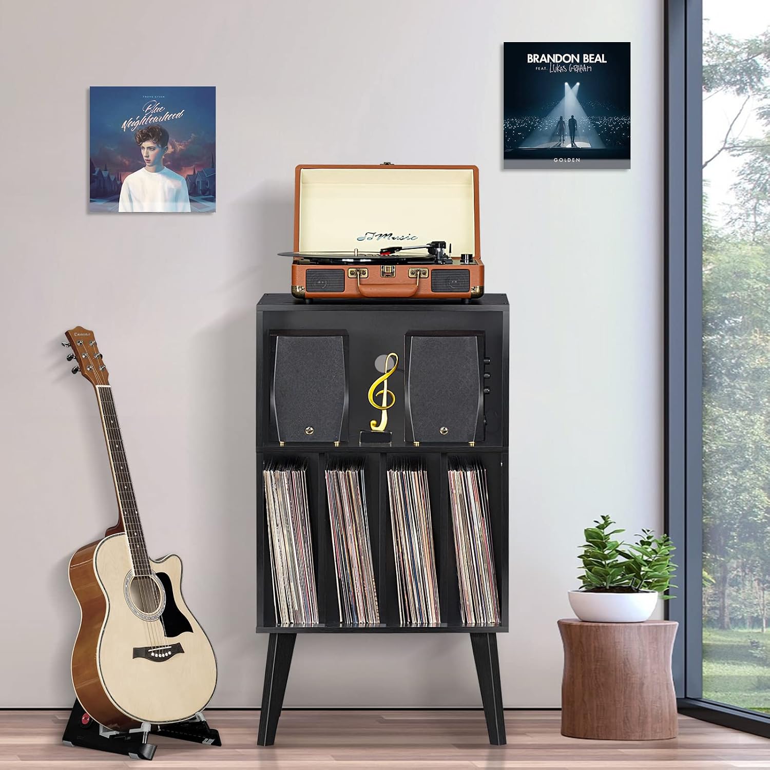 Detalle 2 de Lerliuo Record Player Stand, Black – Mid-Century Vinyl Storage with Solid Wood Legs (Holds 160 Albums)