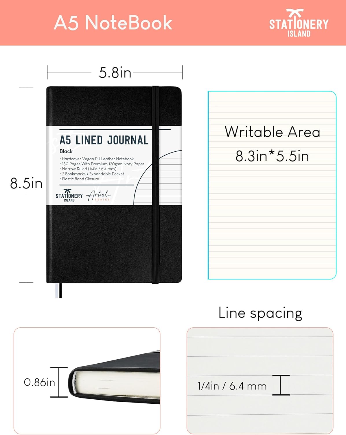 Thumbnail 3 de STATIONERY ISLAND Notizbuch A5 liniert mit Hardcover – 180 Seiten, dickes 120 g/m² Papier