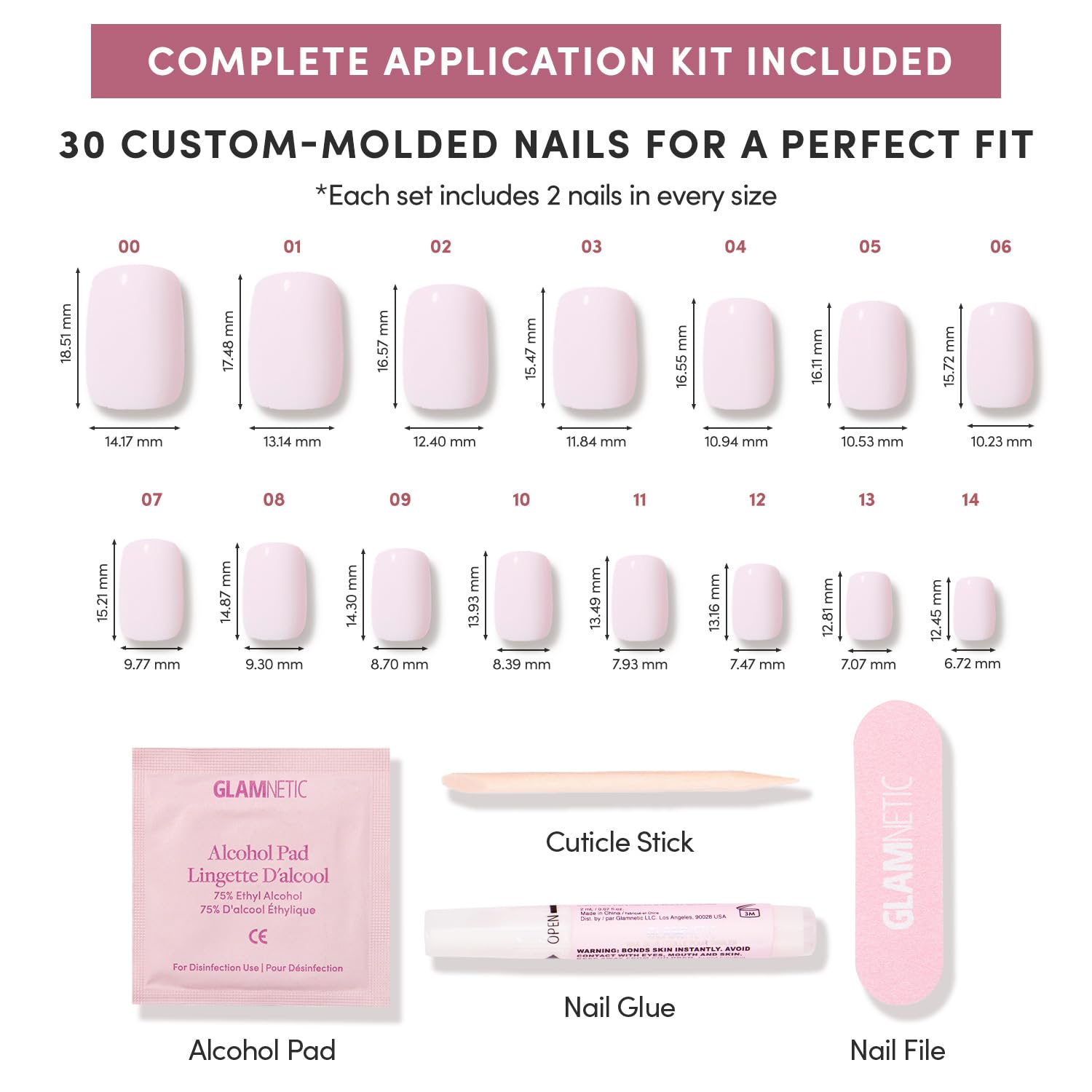 Thumbnail 3 de Glamnetic Press On Nails - Soft Girl: Short Squoval Pink, Milky Salon-Quality Kit (30 Nails, 15 Sizes) with Glue