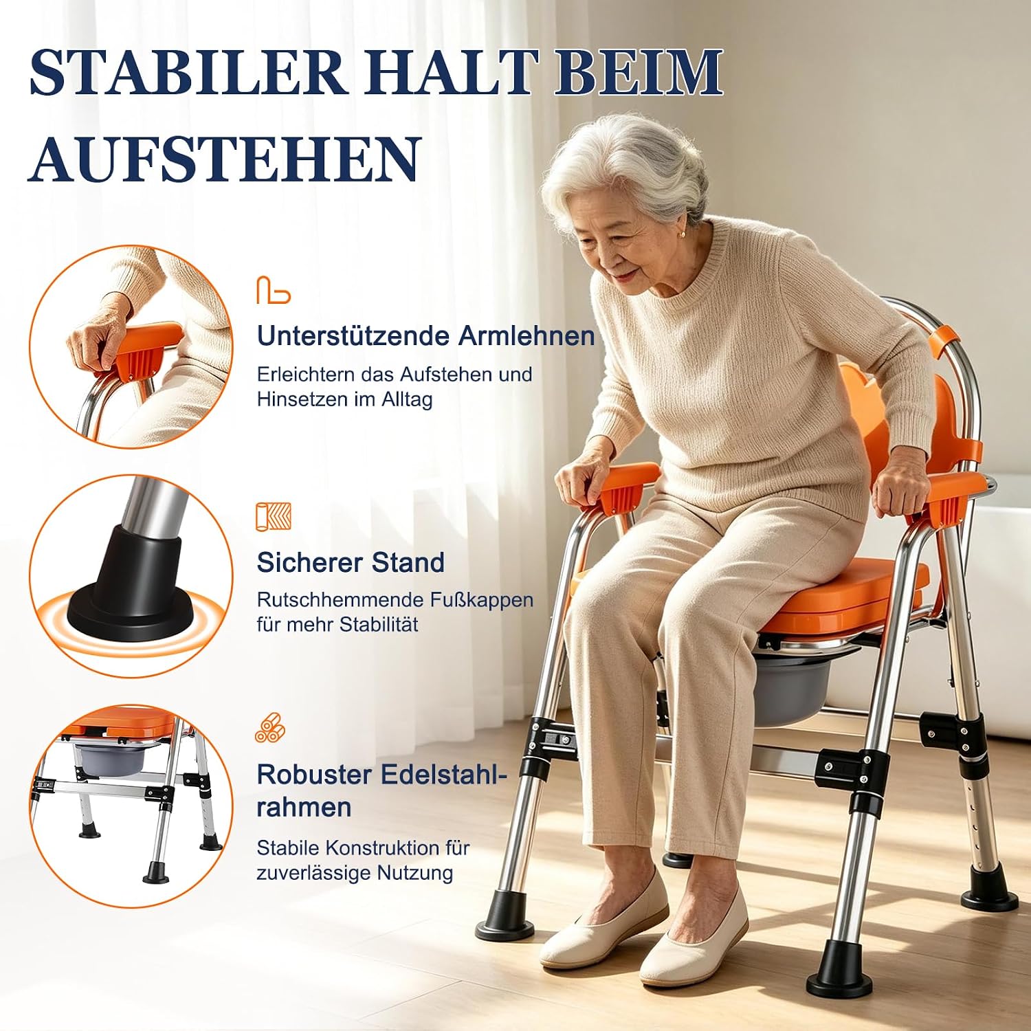 Detalle de HAIORJUN Toilettenstuhl Klappbar für Senioren – höhenverstellbar, mit Armlehnen und herausnehmbarem Eimer