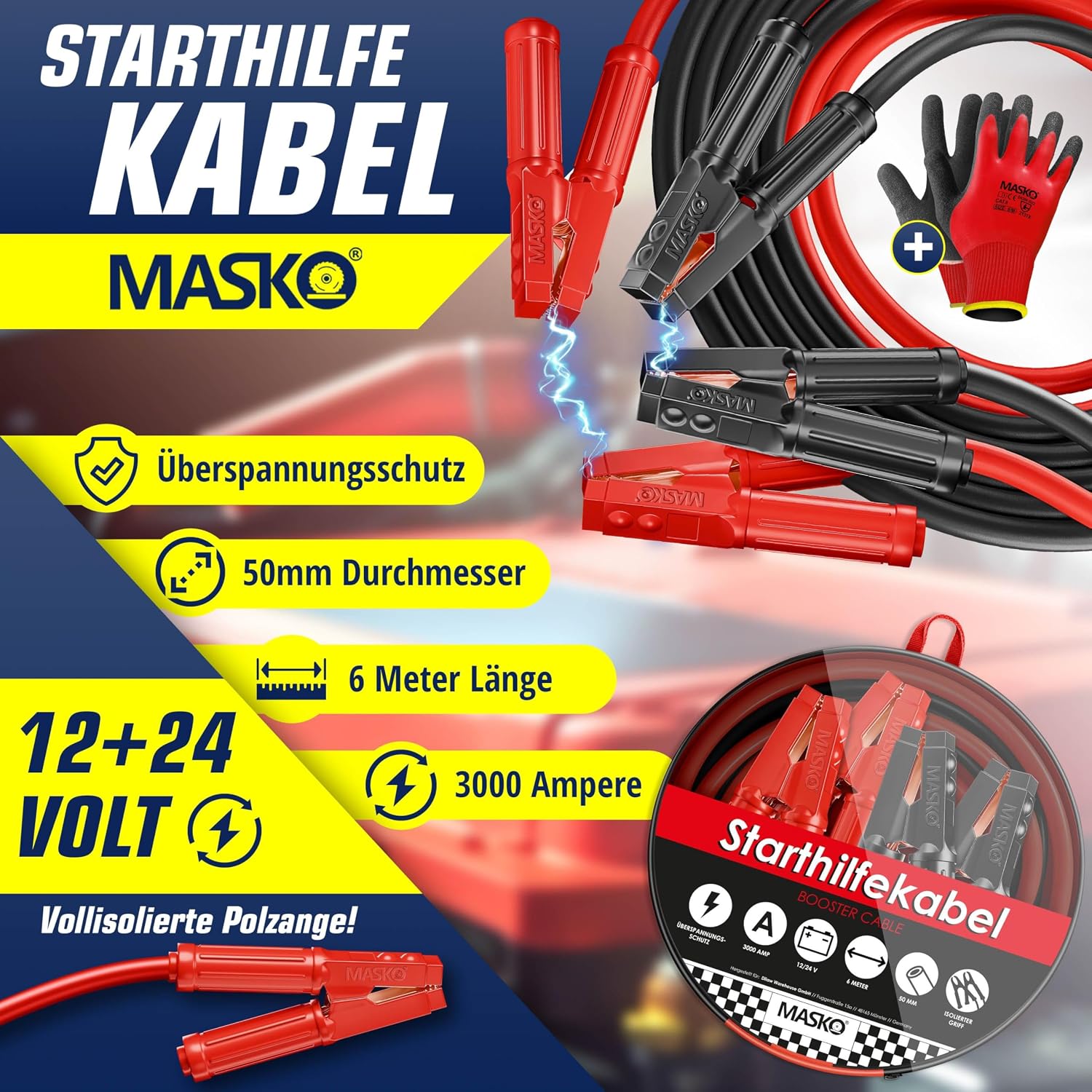 Detalle de MASKO® Starthilfekabel Überbrückungskabel für Benzin- und Dieselmotoren 12/24 Volt – Starterkabel mit 4 vollisolierten Polzangen