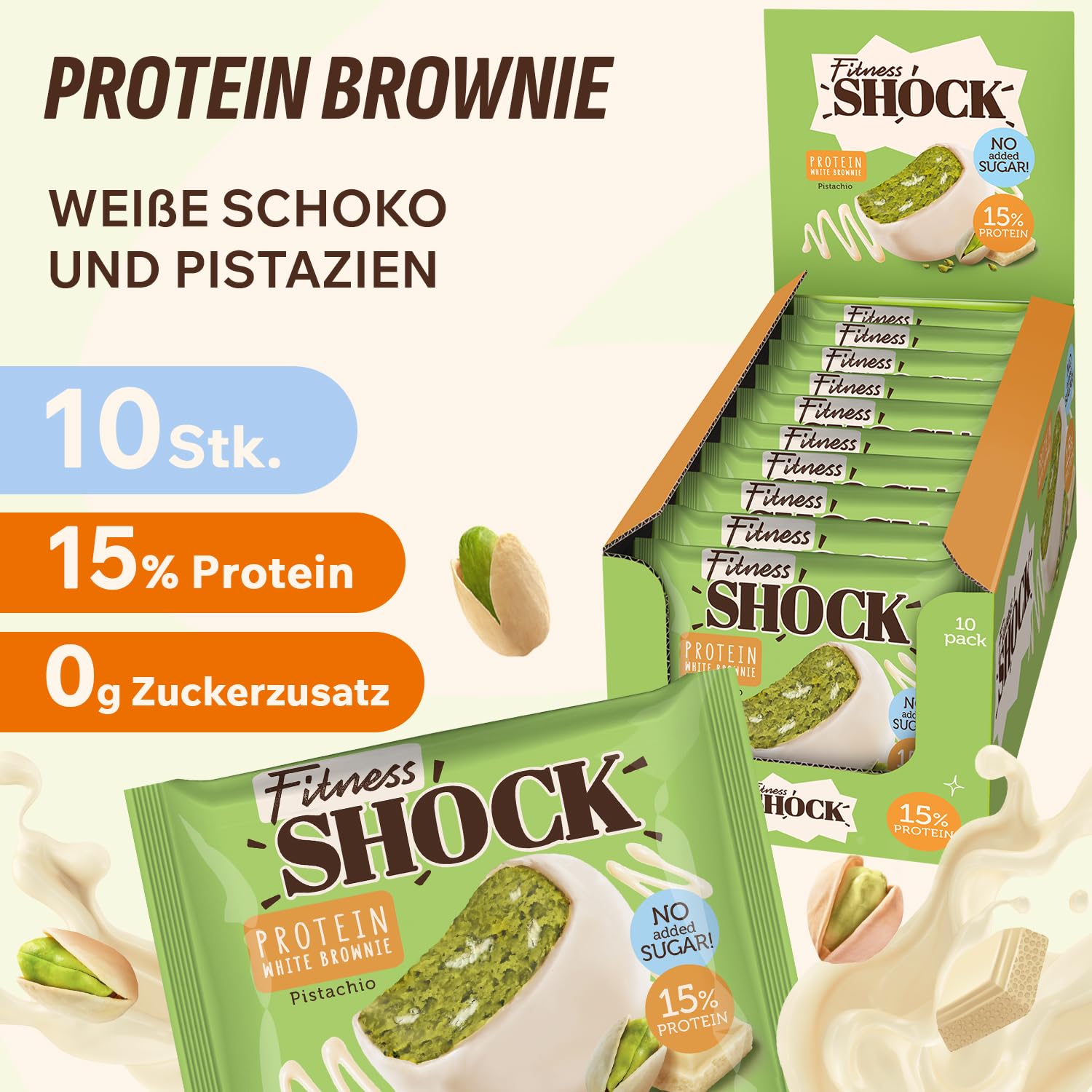 Detalle de FitnesSHOCK Protein Brownie Snack (Pistazien) – ohne Zuckerzusatz, low carb, 15% Eiweiß, 10 x 50 g
