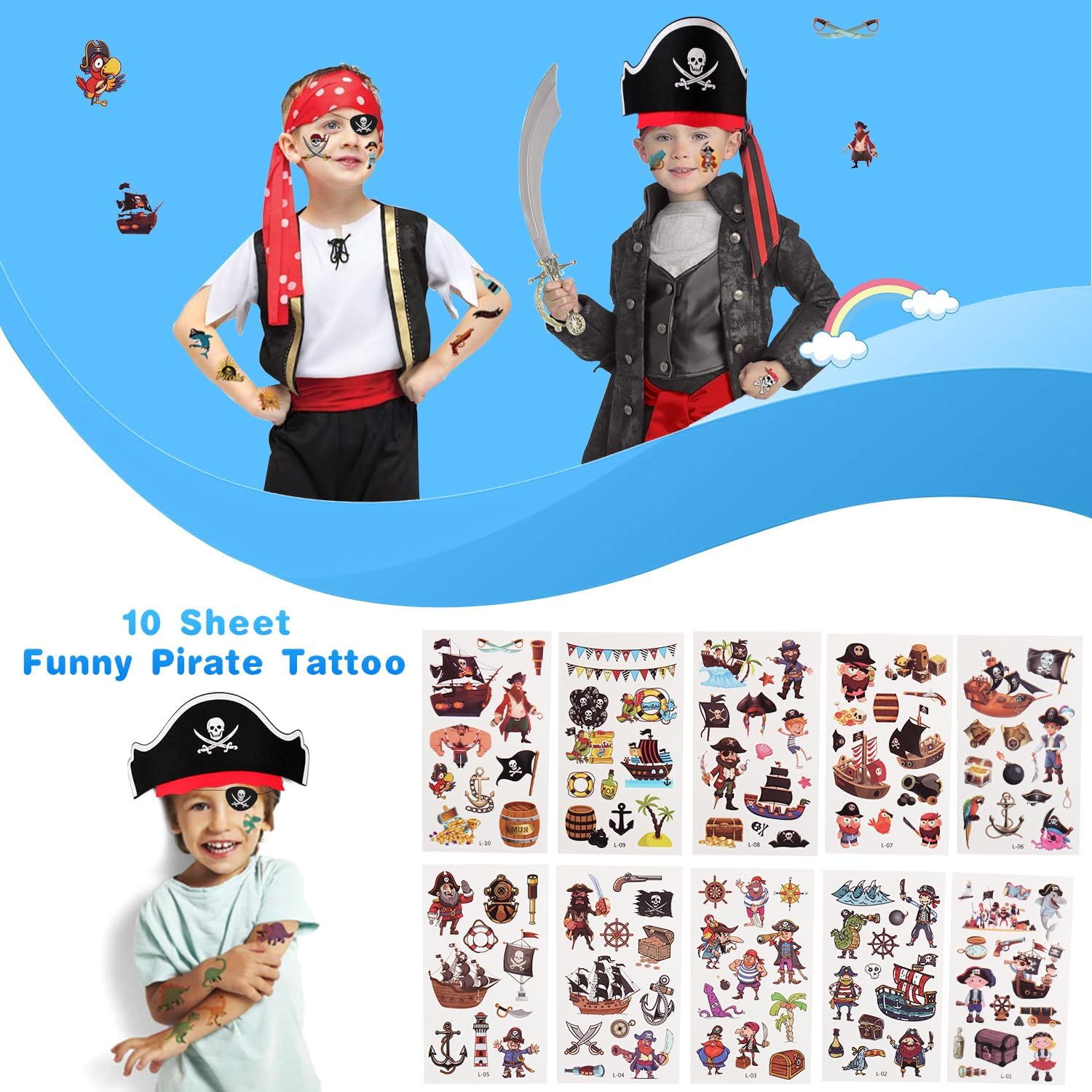 Thumbnail 5 de Piraten Kindergeburtstag-Set mit Piratenhut, Augenklappe und Piraten-Tattoos (Filz) – 8-teilig