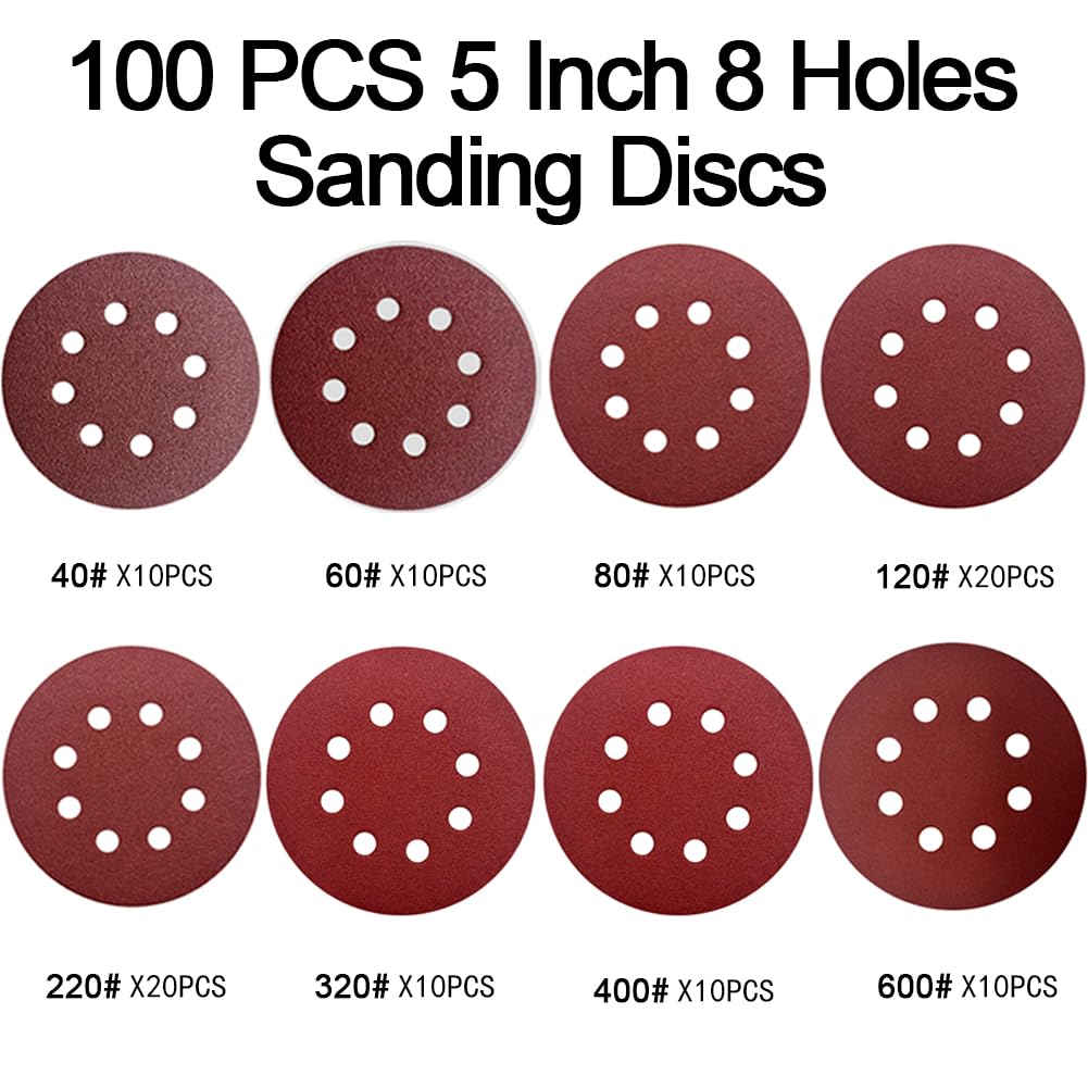 Detalle de NOOKEYA 100pcs 5-inch 8-hole Hook & Loop Sanding Discs (40–600 grit) for Random Orbital Sanders