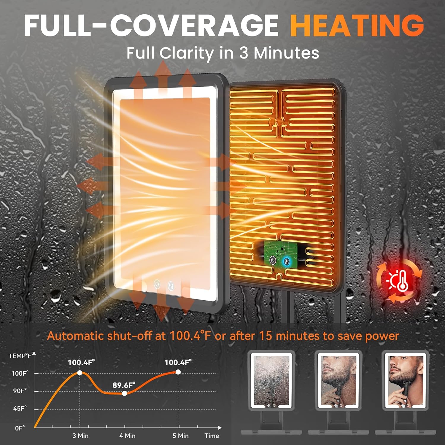Detalle de DeLanges Heated Fogless LED Shower Mirror with 3 Dimmable Lights, Rechargeable Battery & Drill-Free Mount