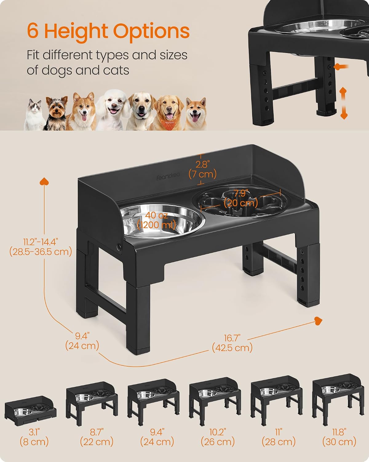 Detalle de Feandrea Raised Dog Bowls with Stand (PRB103B01) – Adjustable 6 Heights Slow Feeder with 304 Stainless Steel Bowls