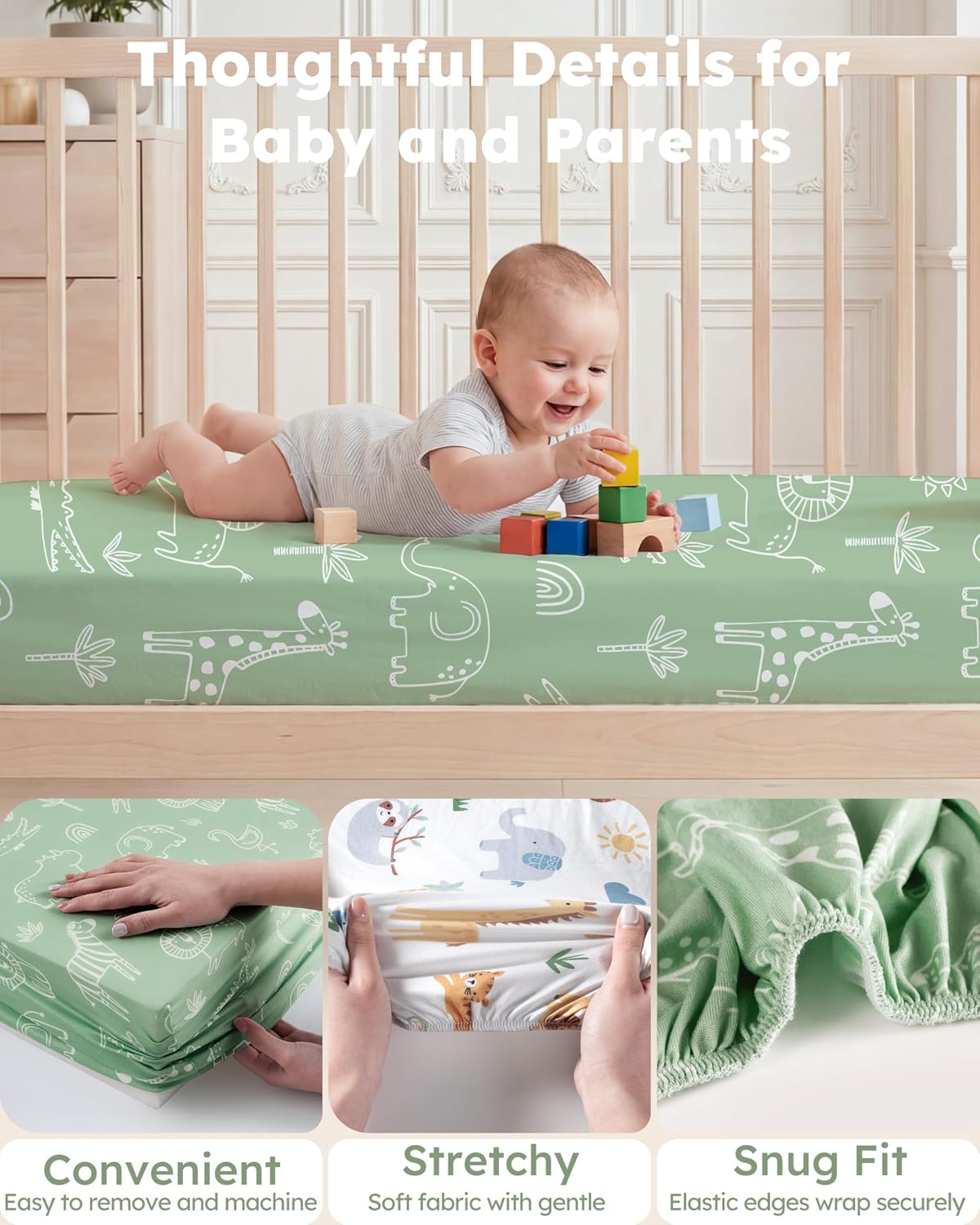 Thumbnail 4 de Nyessmee Pack and Play Sheets, 2-Pack, 38" x 26", Green Animals