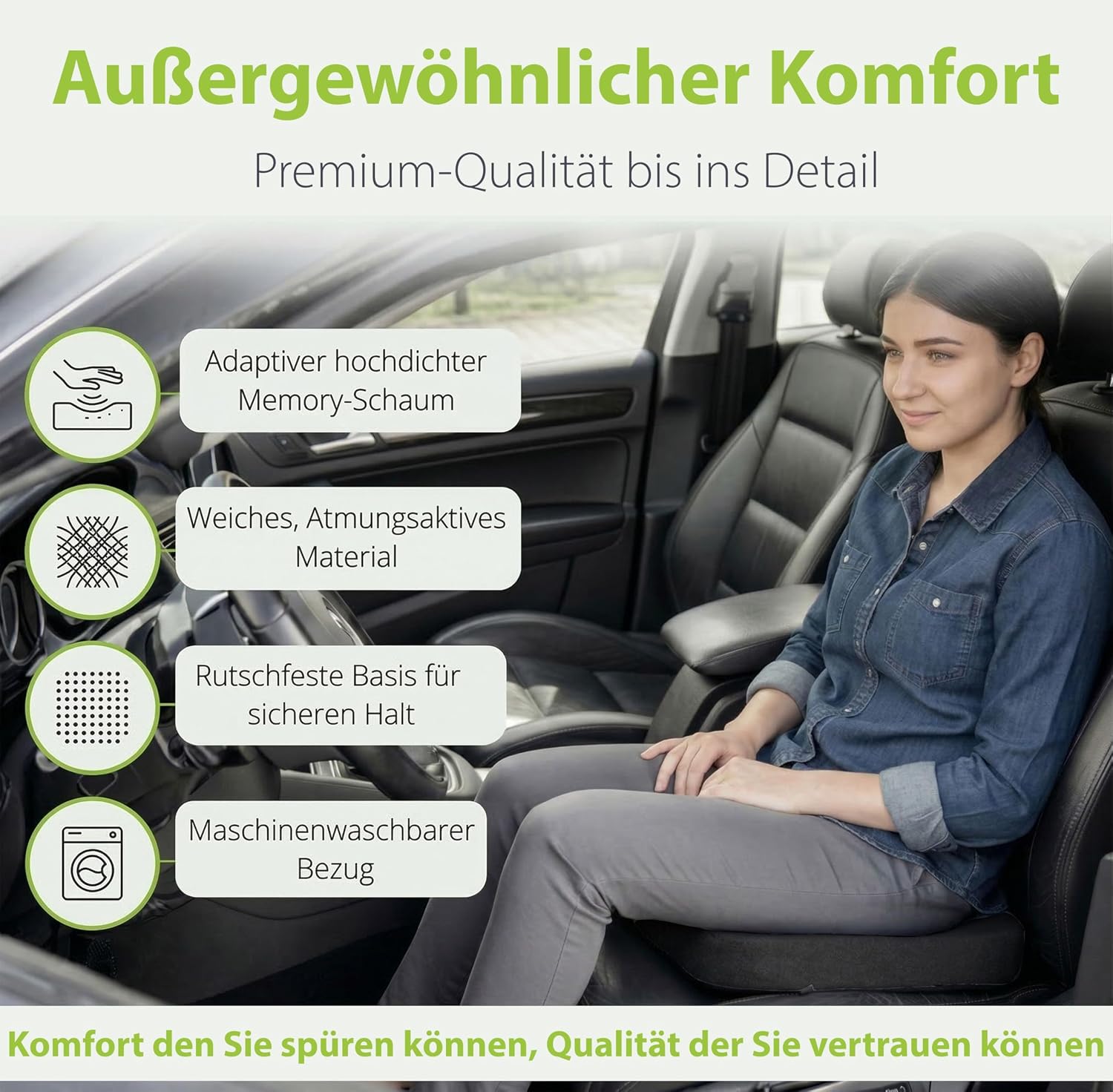Detalle de feela.® Orthopädisches Autositzkissen (44 × 36 × 7,5 cm) mit Memory-Schaum und 3 Härtegraden – Keilkissen für Fahrer & Mitfahrer