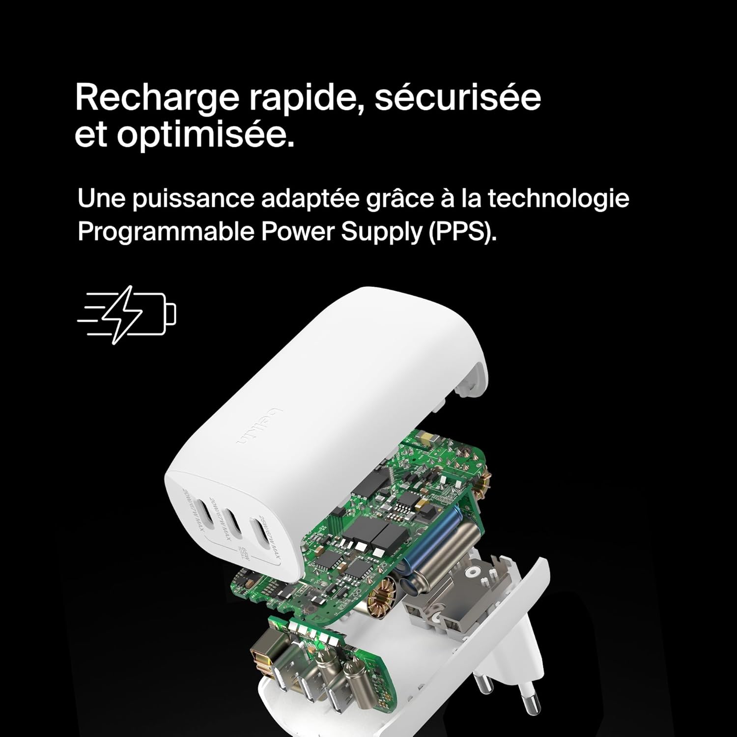 Detalle de Belkin BoostCharge Chargeur Secteur 3 Ports USB-C avec PPS 67 W – Blanc
